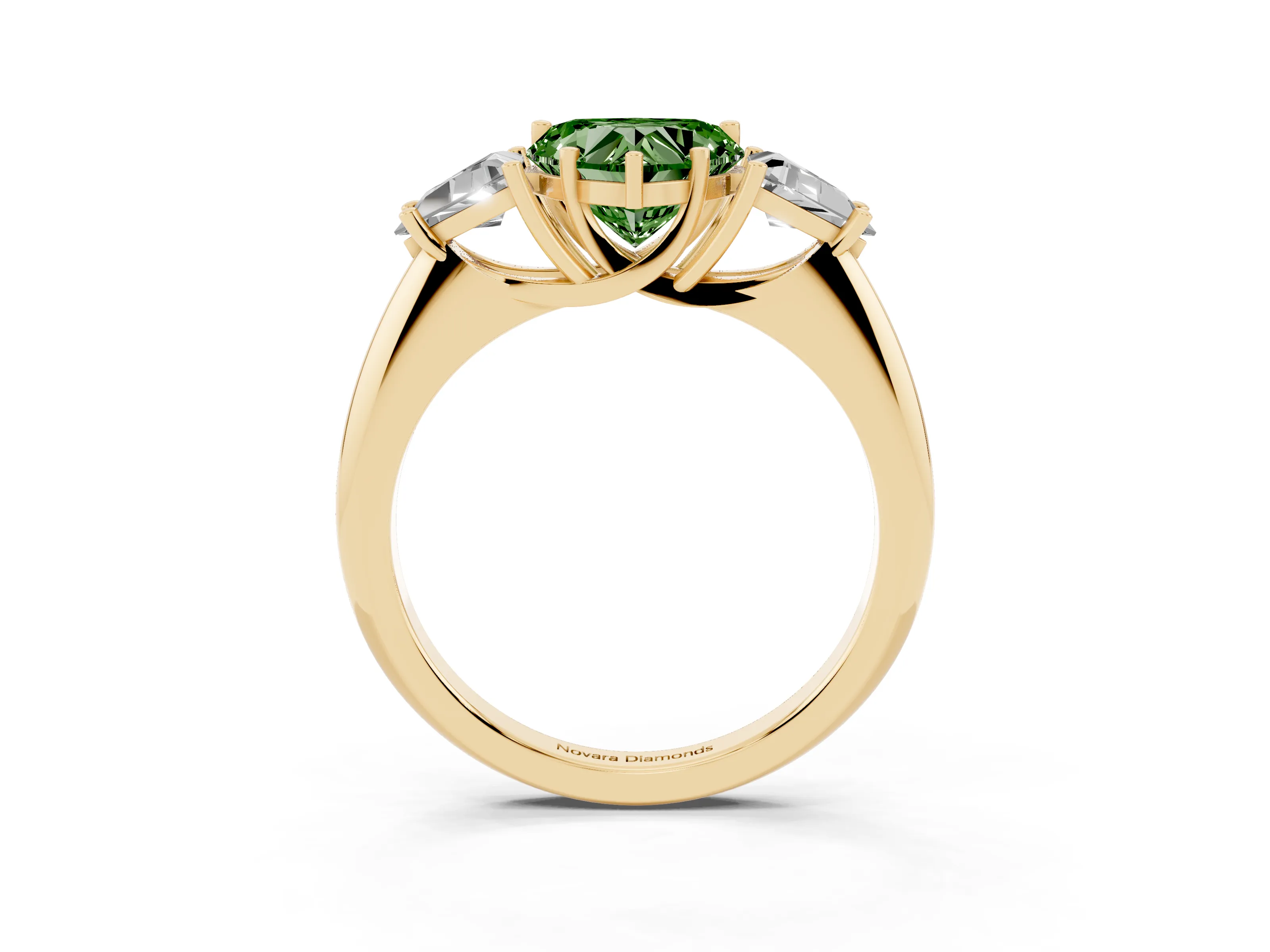 Fancy Green Heart Cut Diamond Three-Stone Engagement Ring Set in Yellow gold with Trillion Side Stones