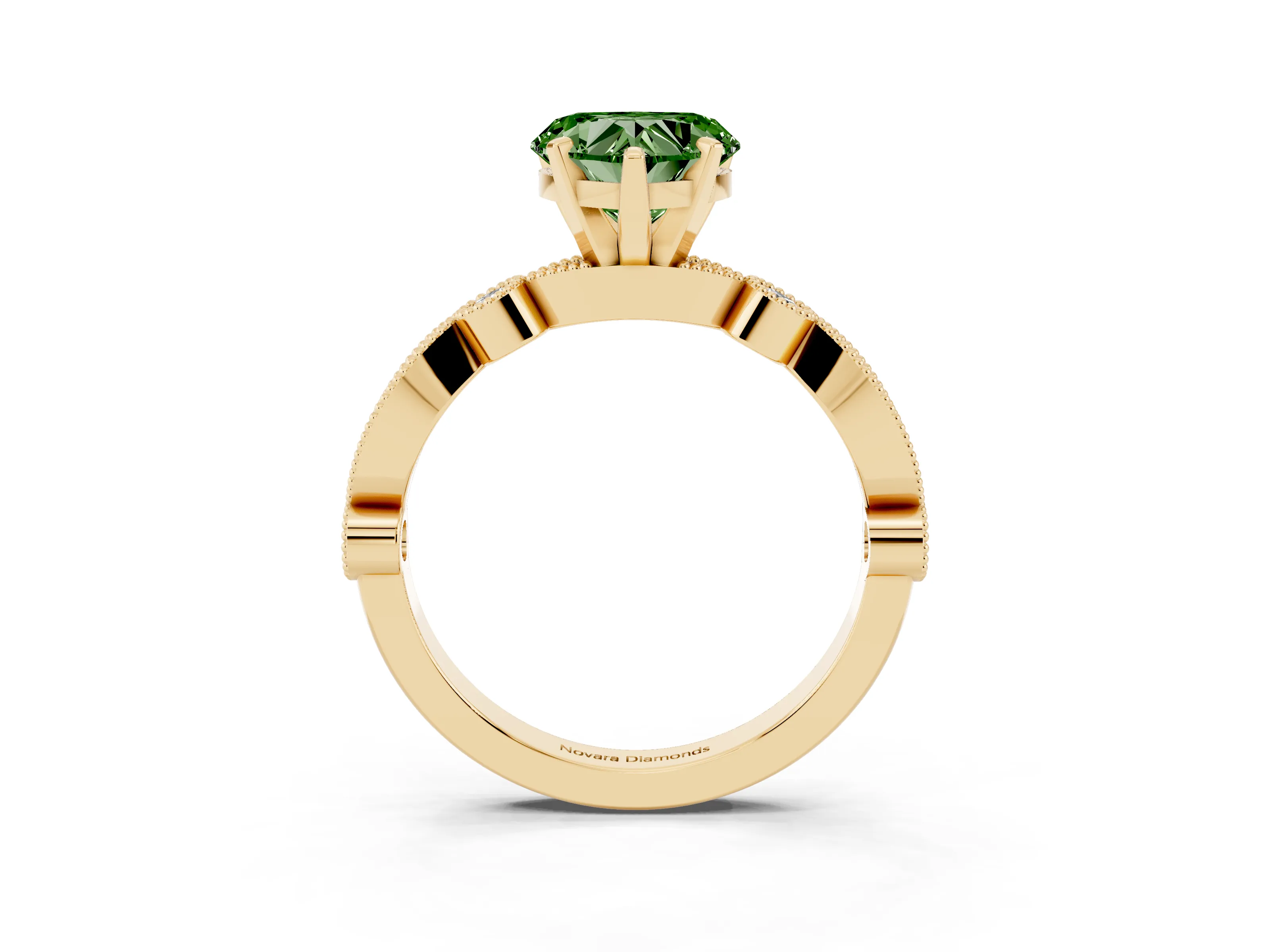Fancy Green Heart Cut Diamond Solitaire Engagement Ring Set in Yellow gold with Milgrain Bezel Accent Band