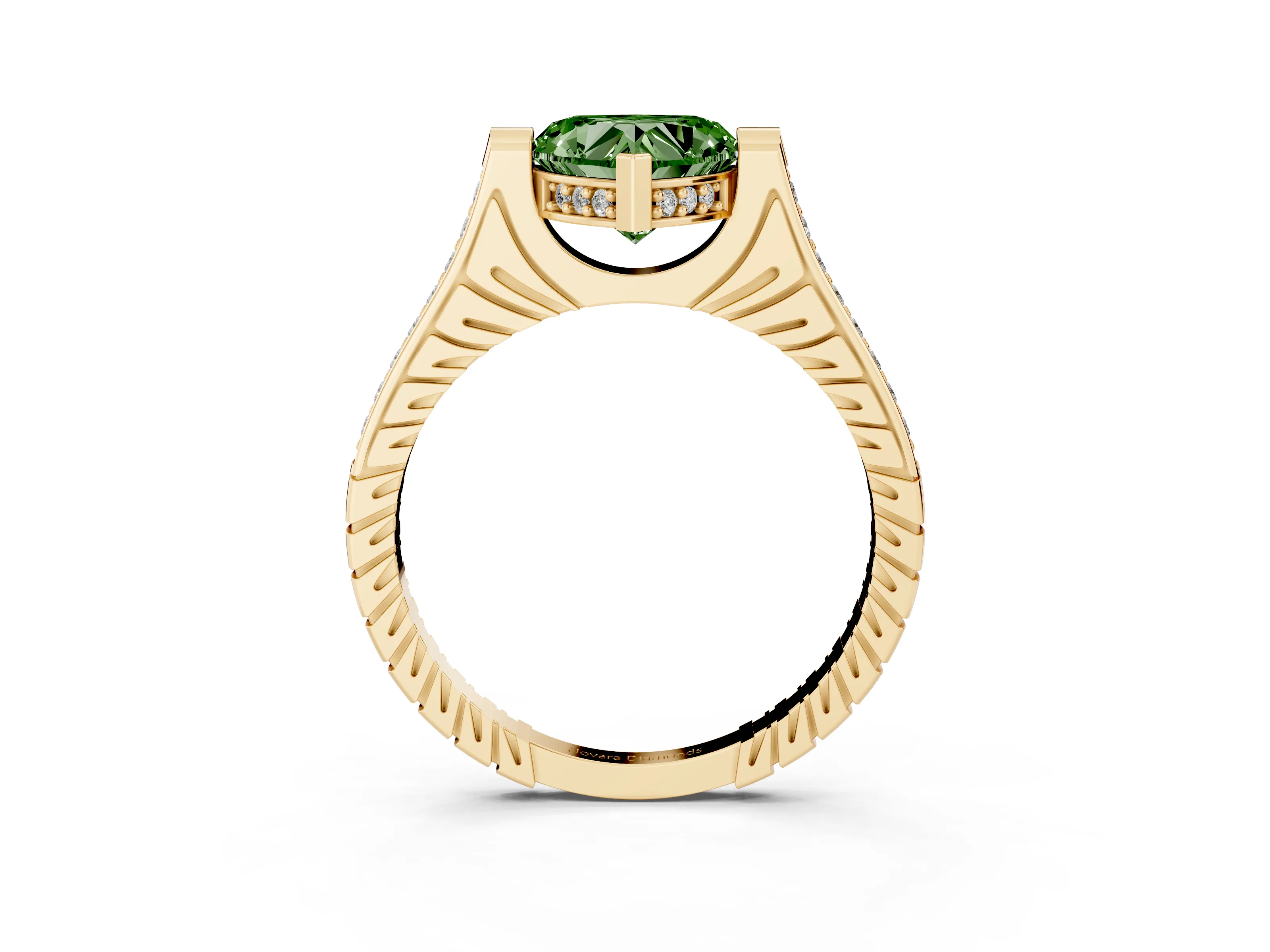 Fancy Green Heart Cut Diamond Solitaire Ring Set in Yellow gold with Channel Set Band and Bezel Prong Setting