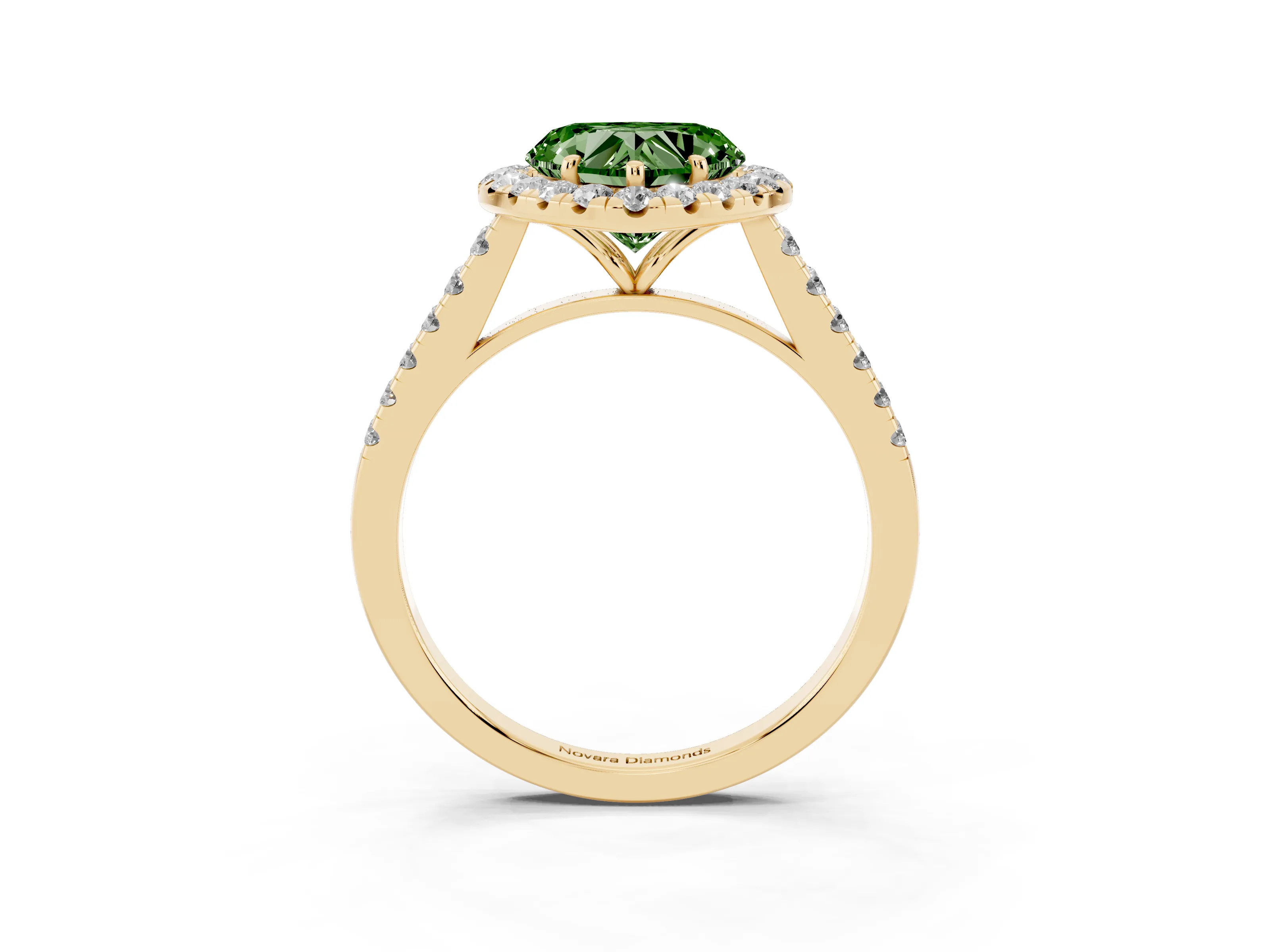 Fancy Green Heart Cut Diamond Halo Pavé Engagement Ring Set in Yellow gold with Prong Setting