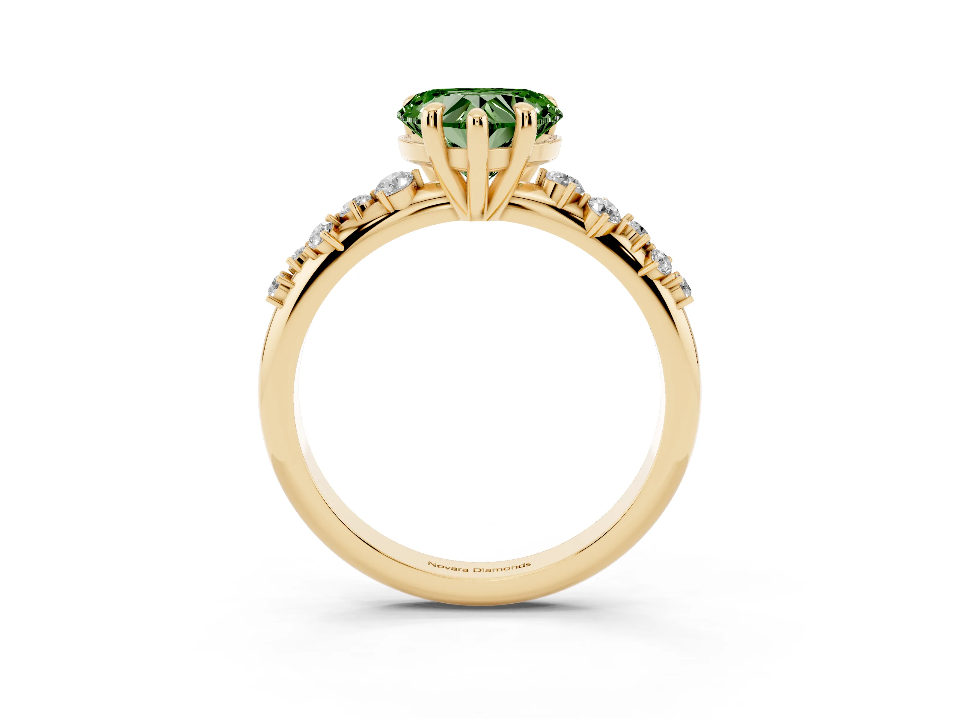 Fancy Green Heart Cut Diamond Solitaire Vine Band Ring Set in Yellow gold with Round Accents and Prong Setting