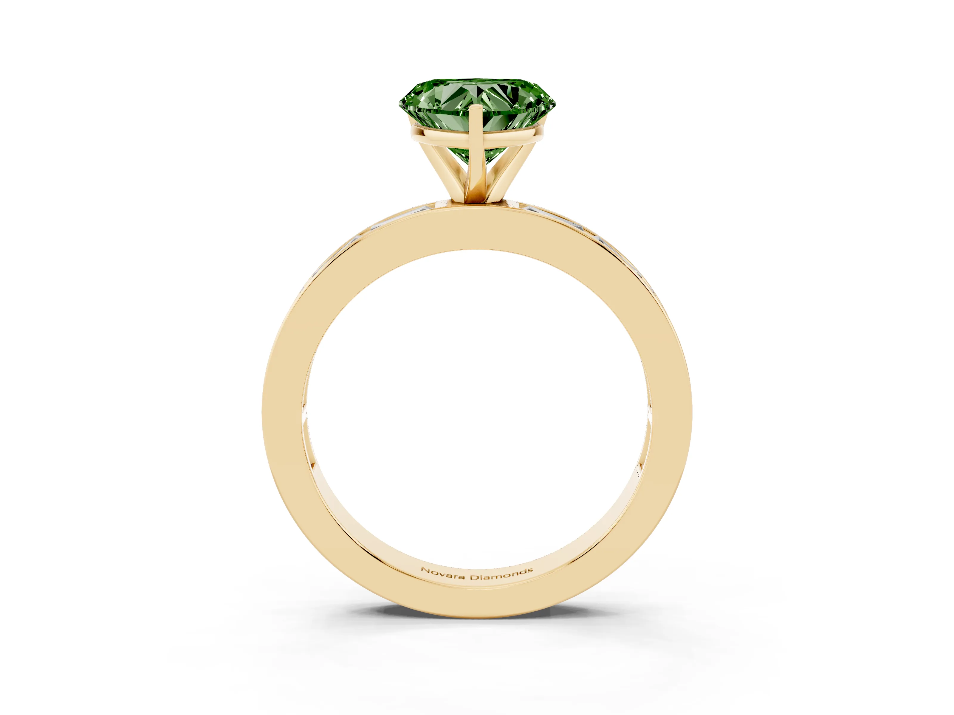 Fancy Green Heart Cut Diamond Solitaire Ring Set in Yellow gold with Channel-Set Baguette Band and Prong Setting