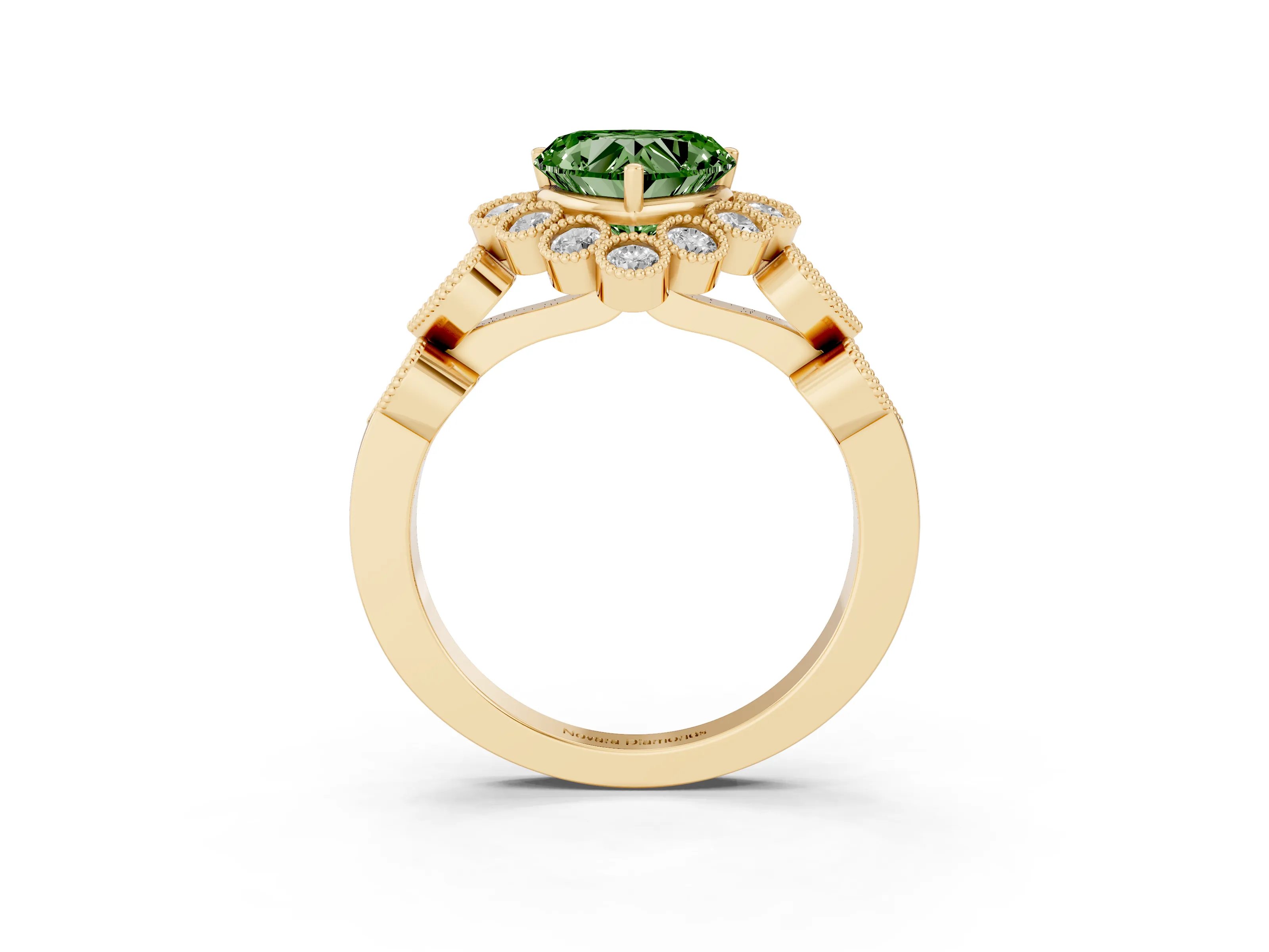 Fancy Green Heart Cut Diamond Solitaire Ring Set in Yellow gold with Milgrain Pavé Heart Band