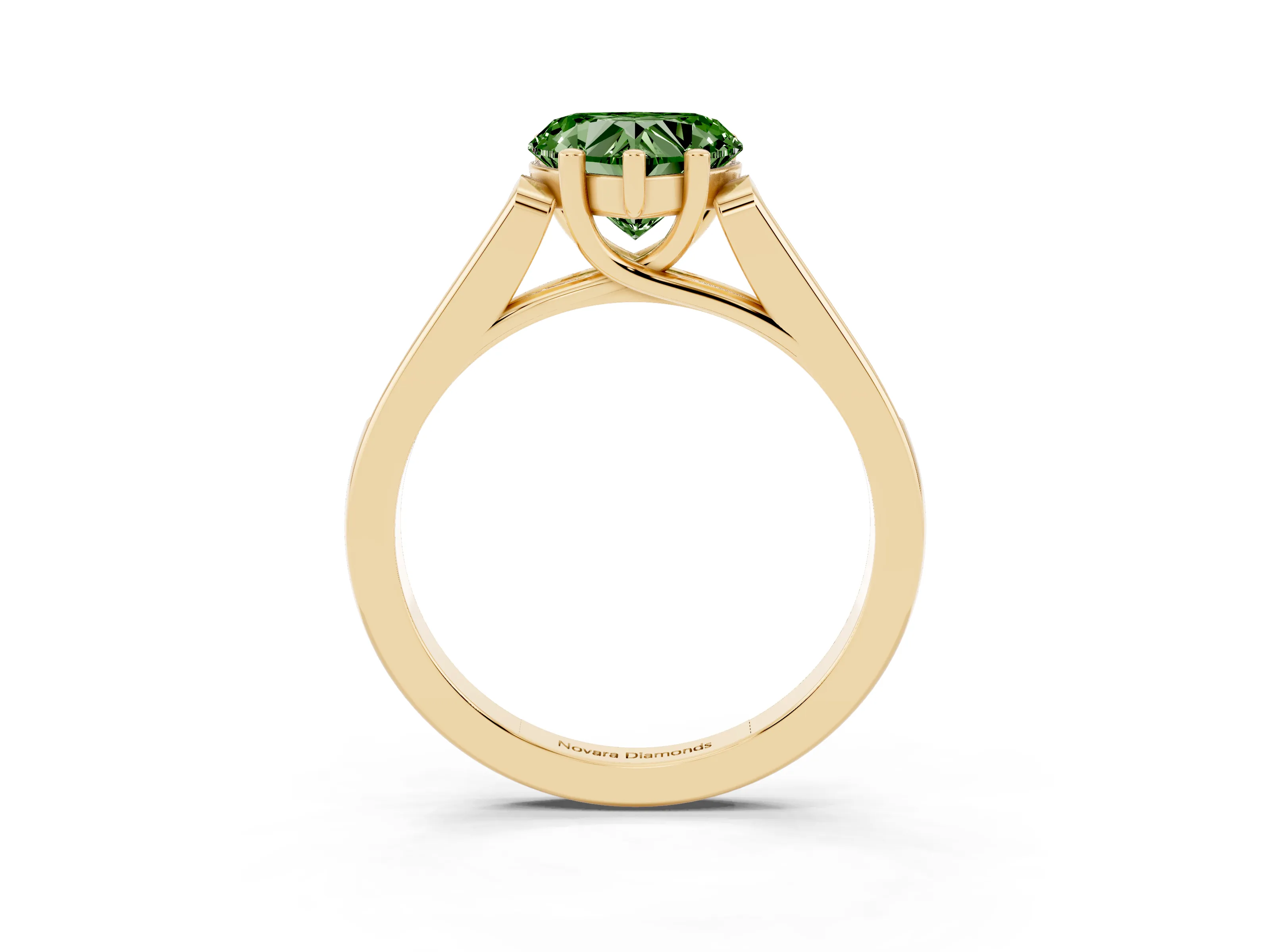 Fancy Green Heart Cut Diamond Solitaire Cathedral Engagement Ring Set in Yellow gold with Channel-Set Band and Prong Setting
