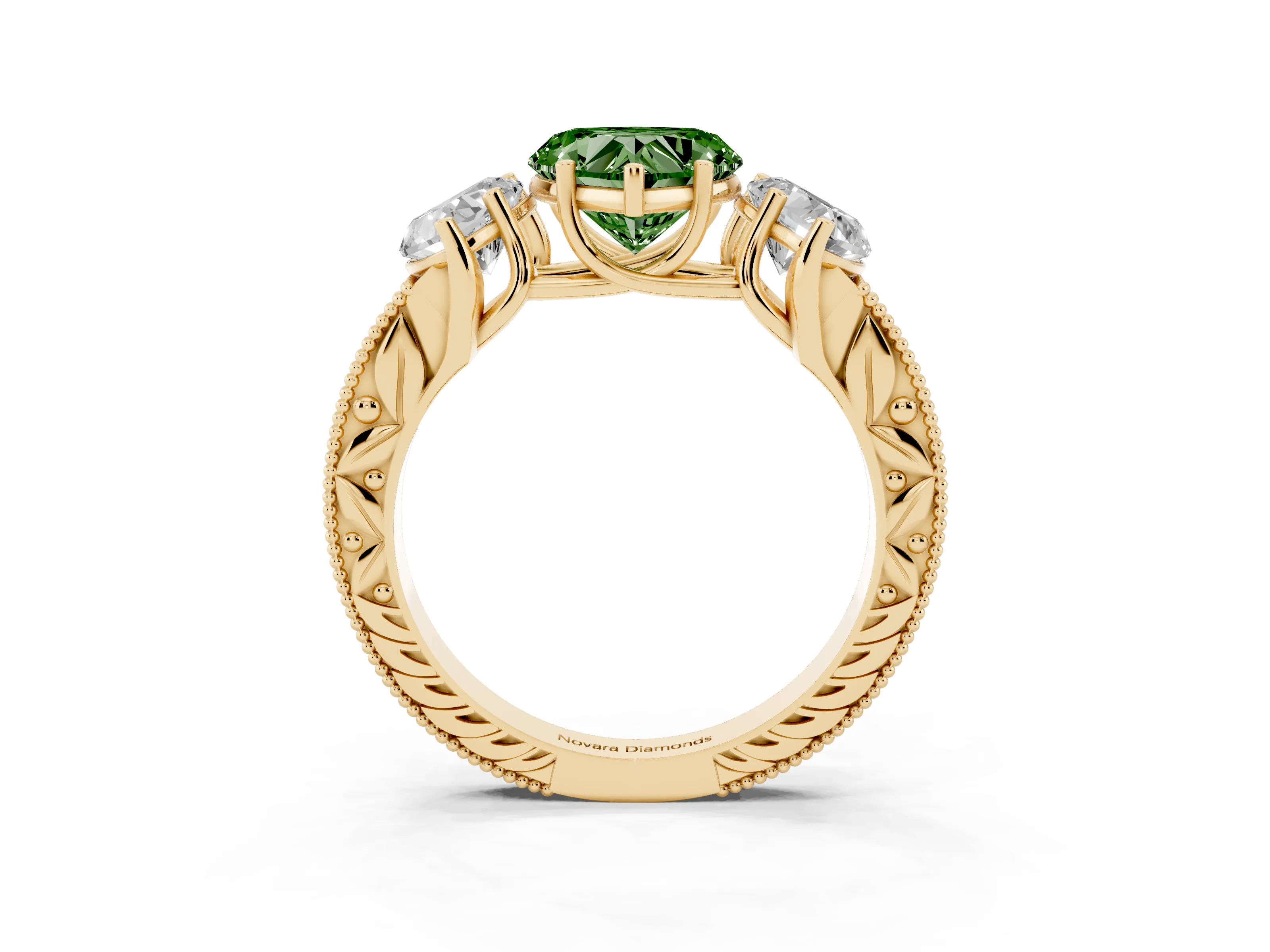 Fancy Green Heart Cut Diamond Three-Stone Engagement Ring Set in Yellow gold with Milgrain Pavé Band