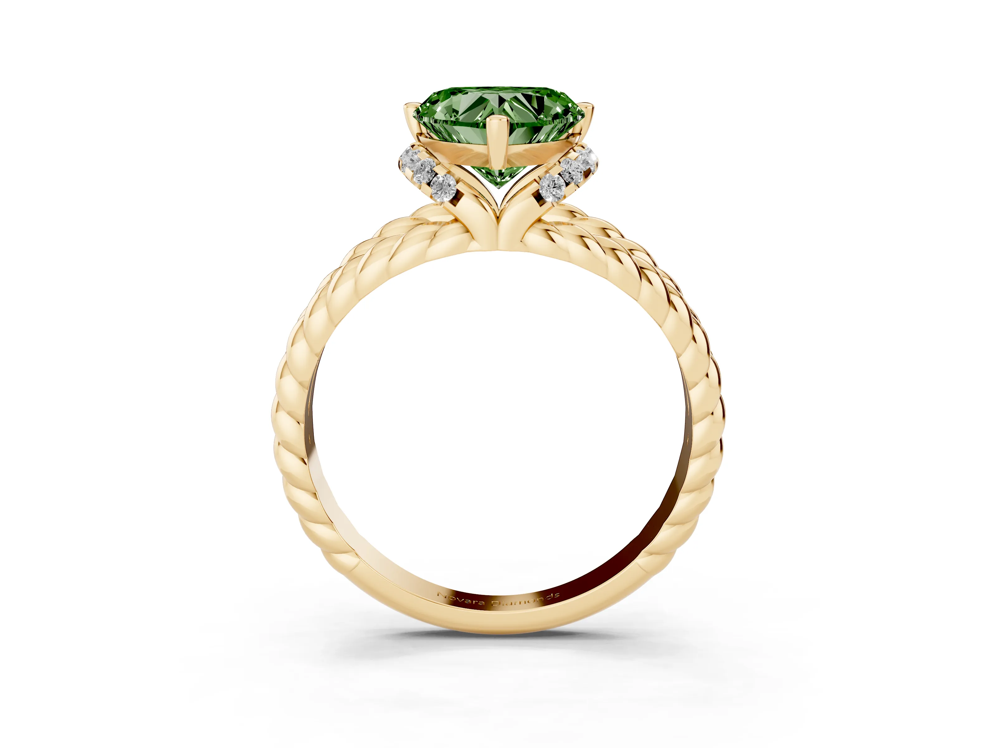 Fancy Green Heart Cut Diamond Halo Ring Set in Yellow gold with Twisted Band and Prong Setting