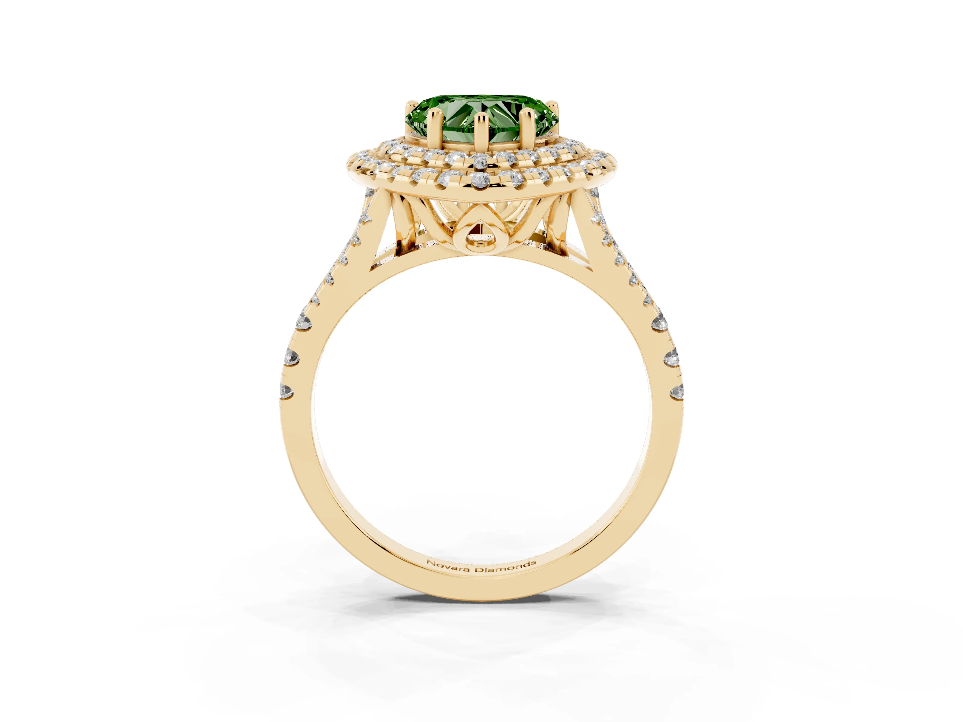 Fancy Green Heart Cut Diamond Double Halo Ring Set in Yellow gold with Pavé Split Shank and Prong Setting