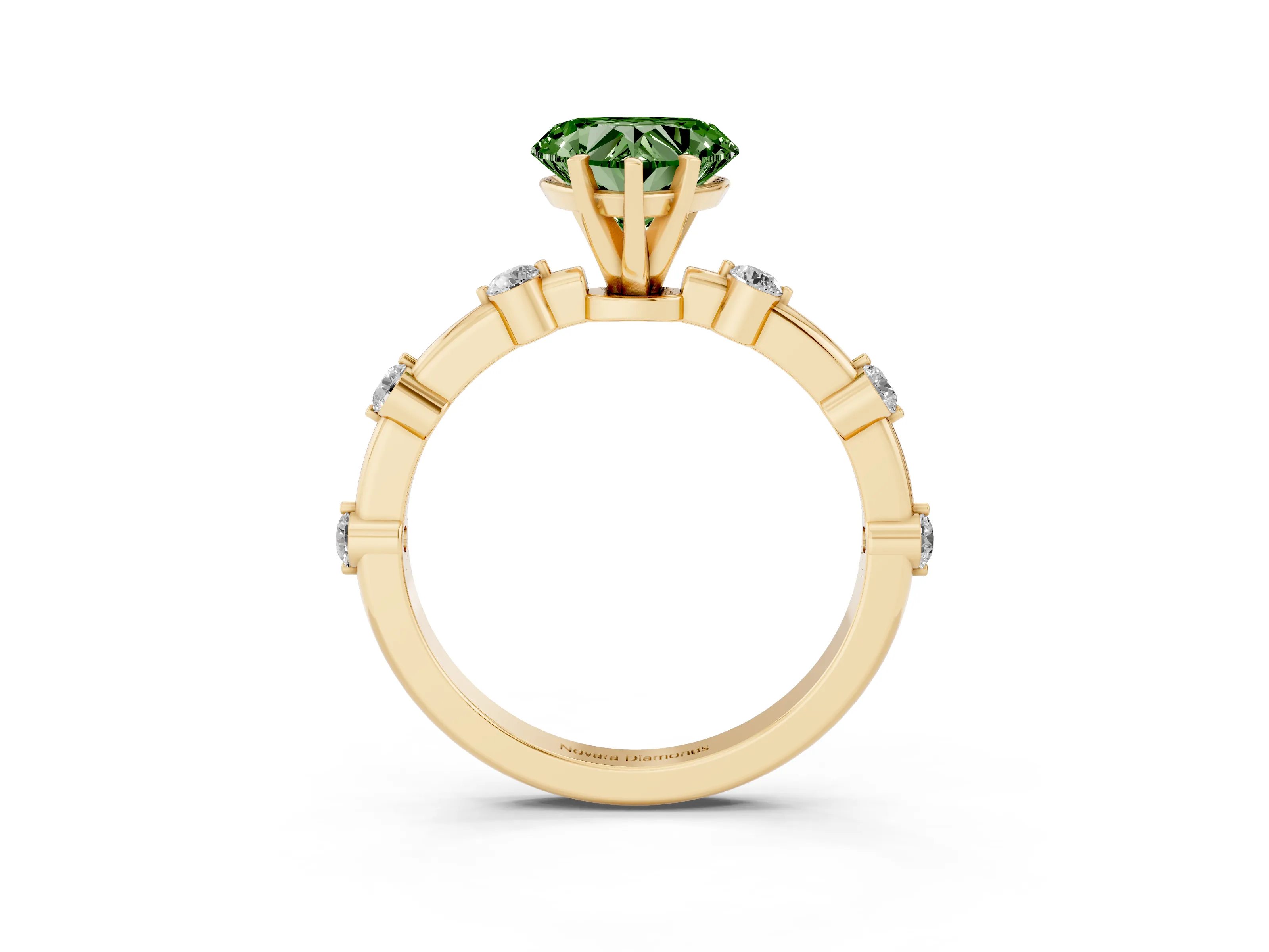 Fancy Green Heart Cut Diamond Solitaire Ring Set in Yellow gold with Bezel Set Side Stones and Prong Setting