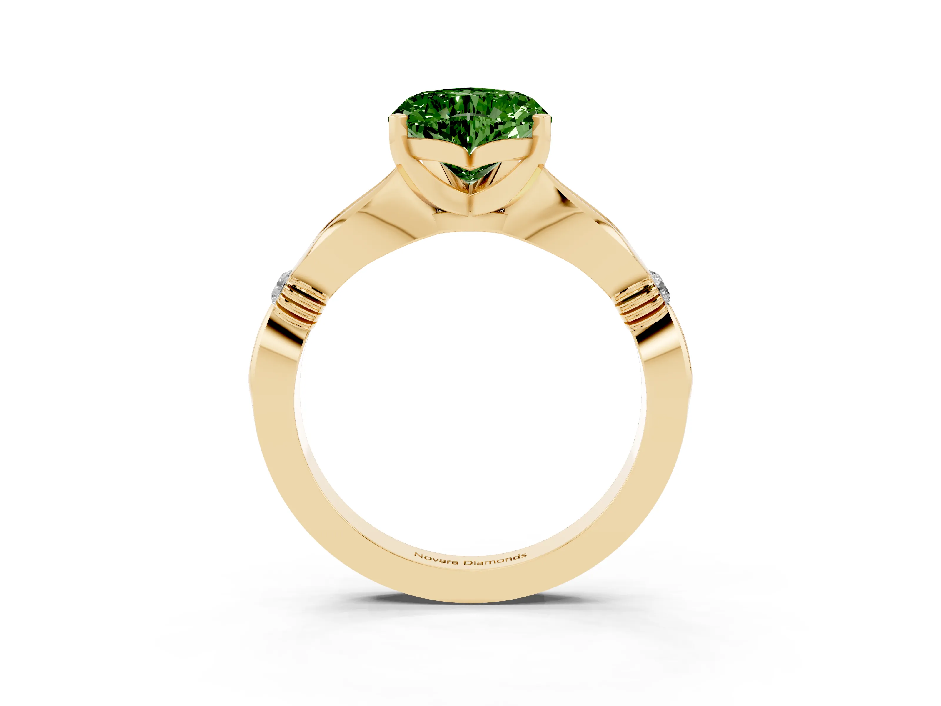 Fancy Green Heart Cut Diamond Solitaire Twisted Band Ring Set in Yellow gold with Accent Stones and Prong Setting