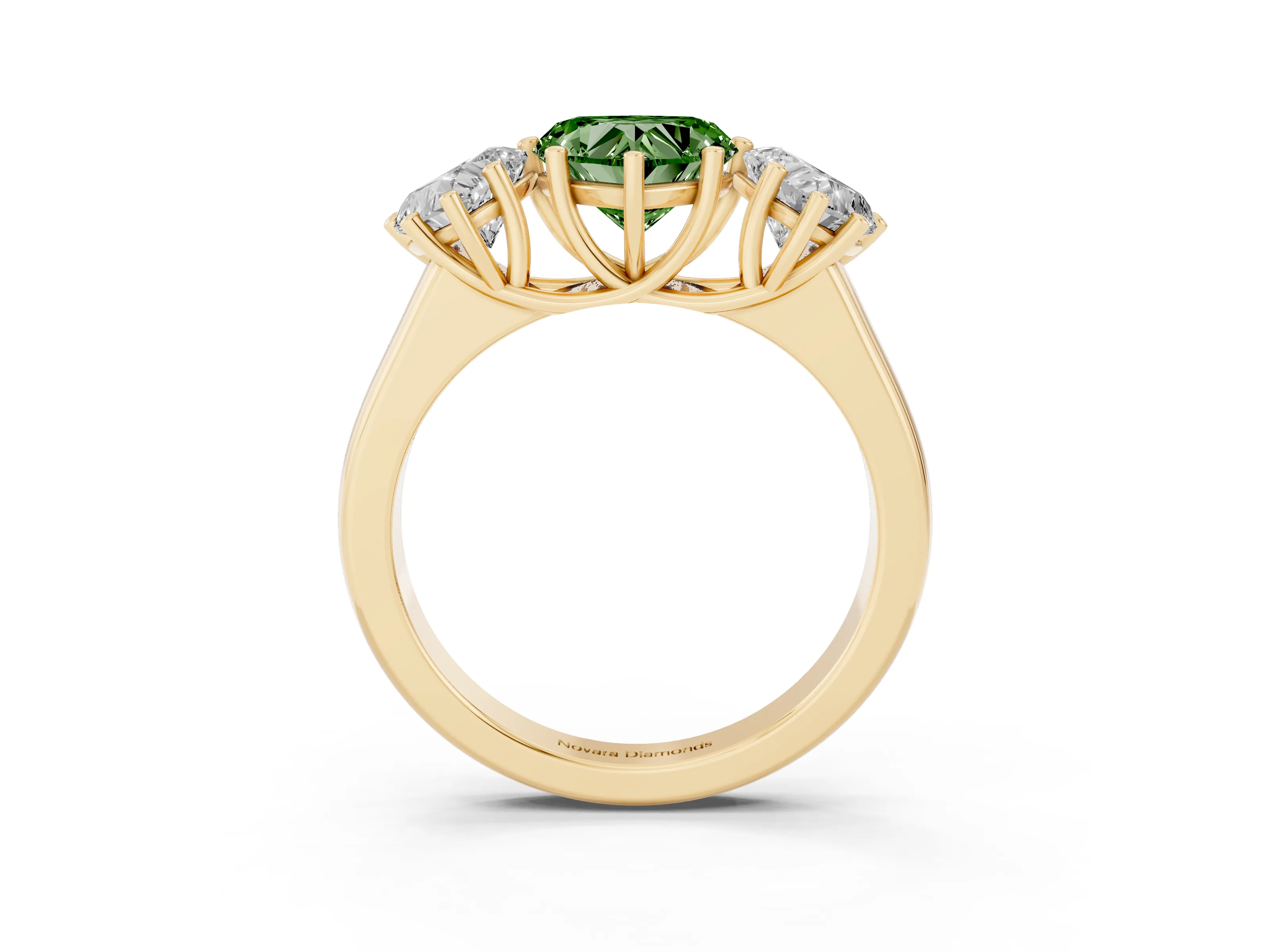 Fancy Green Heart Cut Diamond Three-Stone Ring Set in Yellow gold with Plain Polished Band
