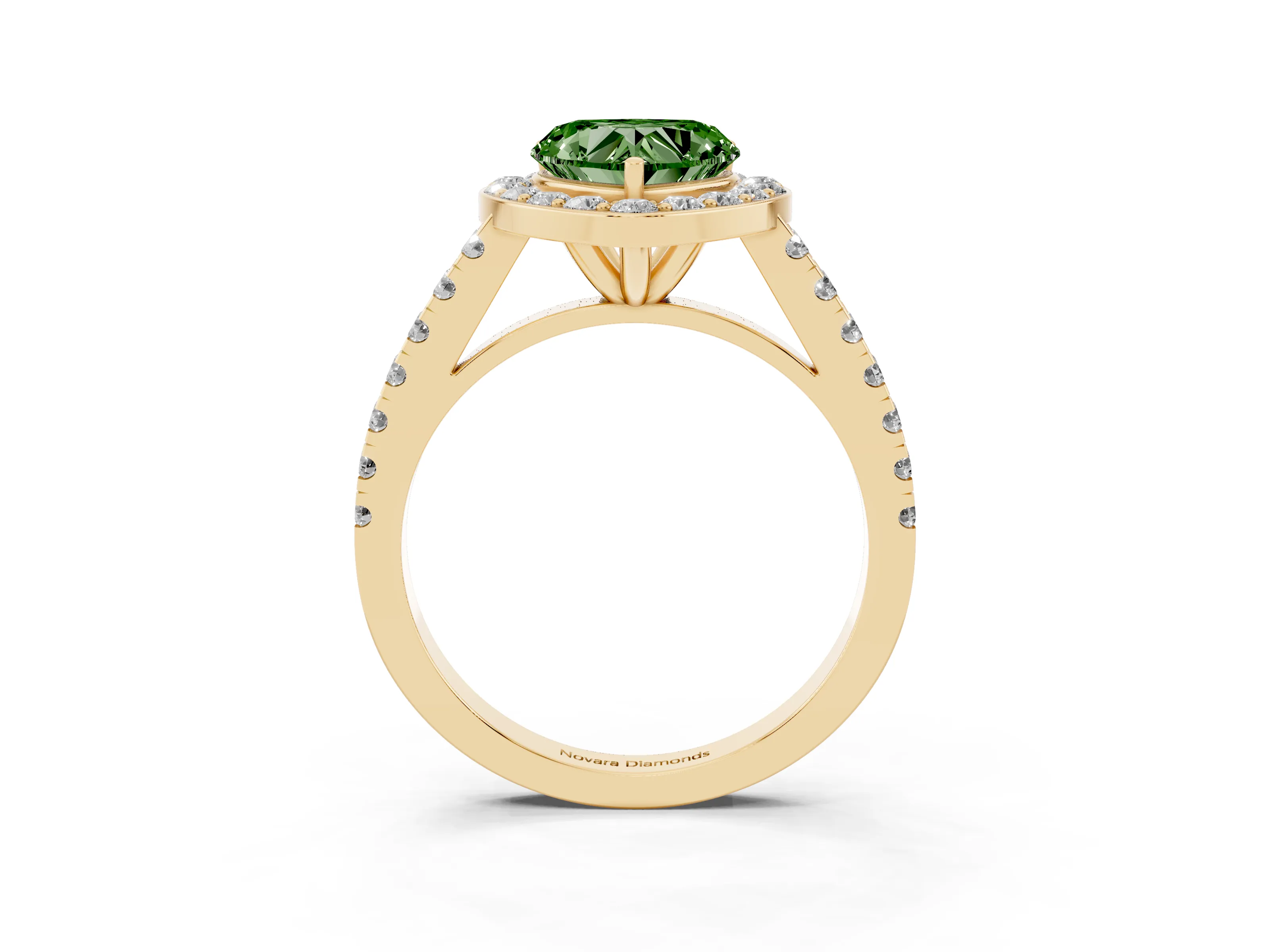 Fancy Green Heart Cut Diamond Halo Ring Set in Yellow gold with Round Pavé Split Shank and Prong Setting