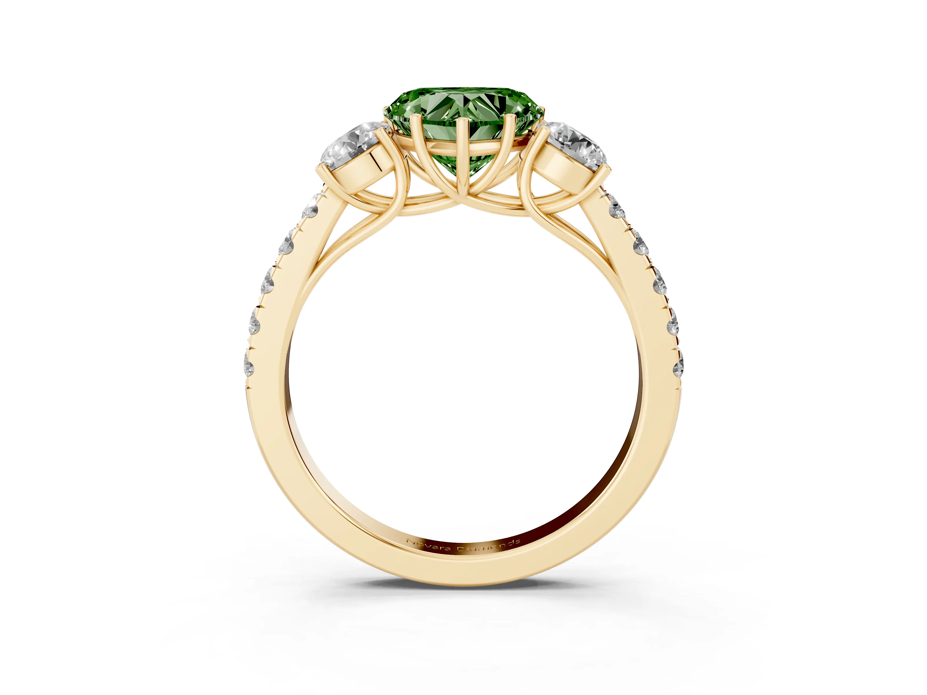 Fancy Green Heart Cut Diamond Three-Stone Ring Set in Yellow gold with Round Side Stones and Delicate Pavé Band