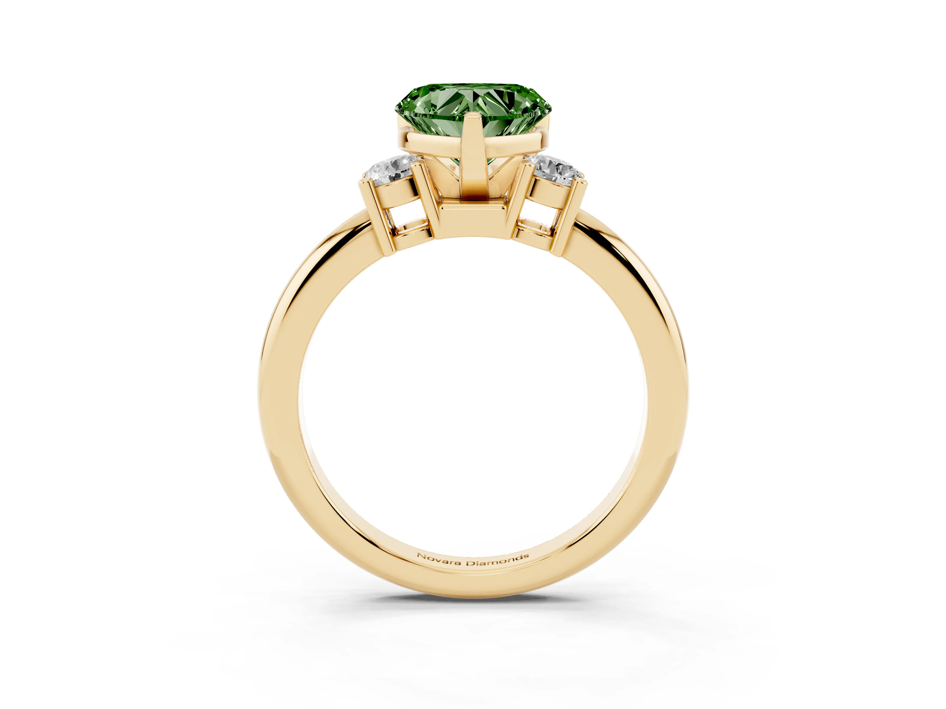 Fancy Green Three-Stone Heart Cut Diamond Ring Set in Yellow gold with Prong Setting and Plain Band