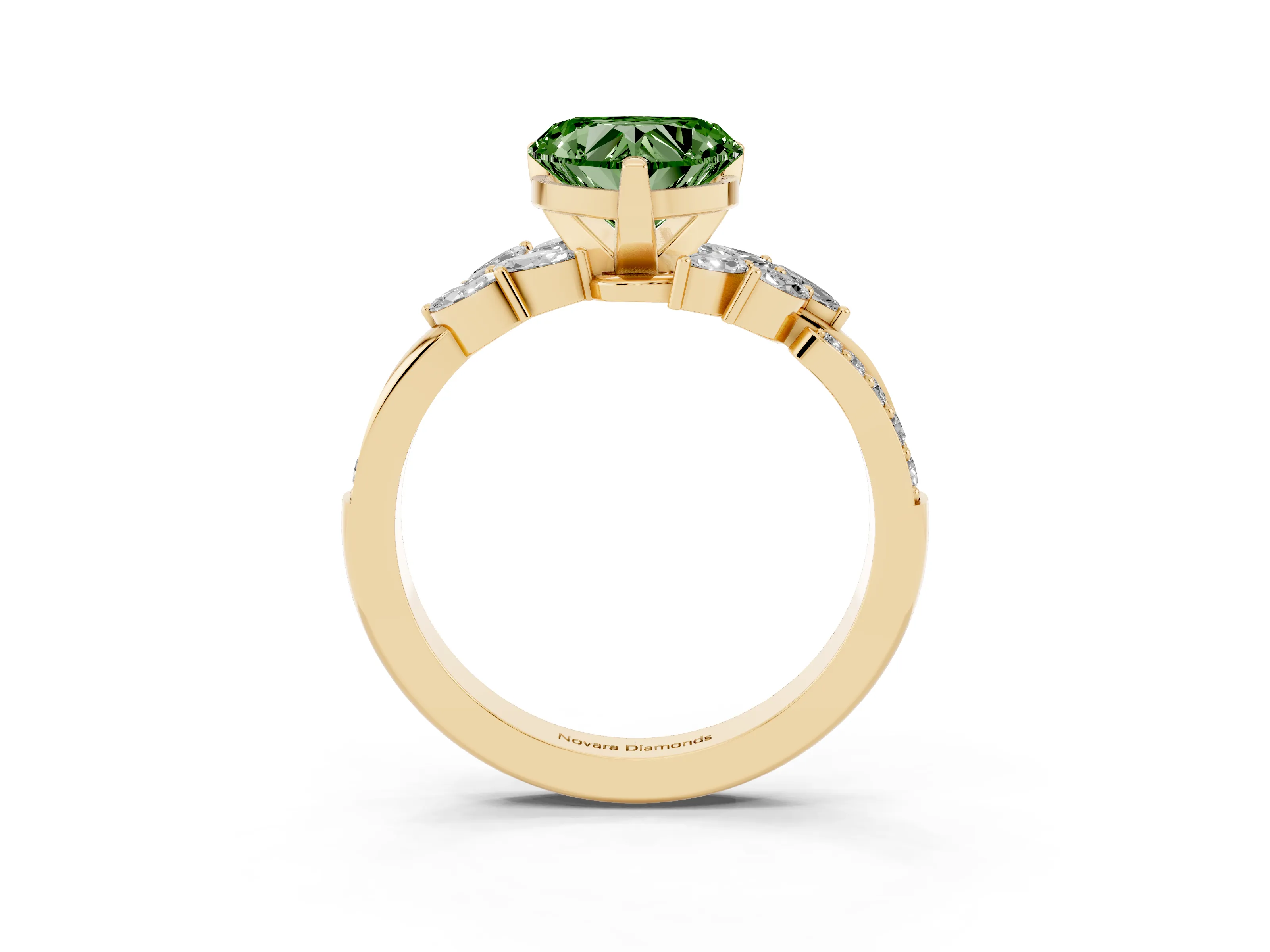 Fancy Green Heart Cut Diamond Solitaire Ring Set in Yellow gold with Marquise Twist Band and Prong Setting