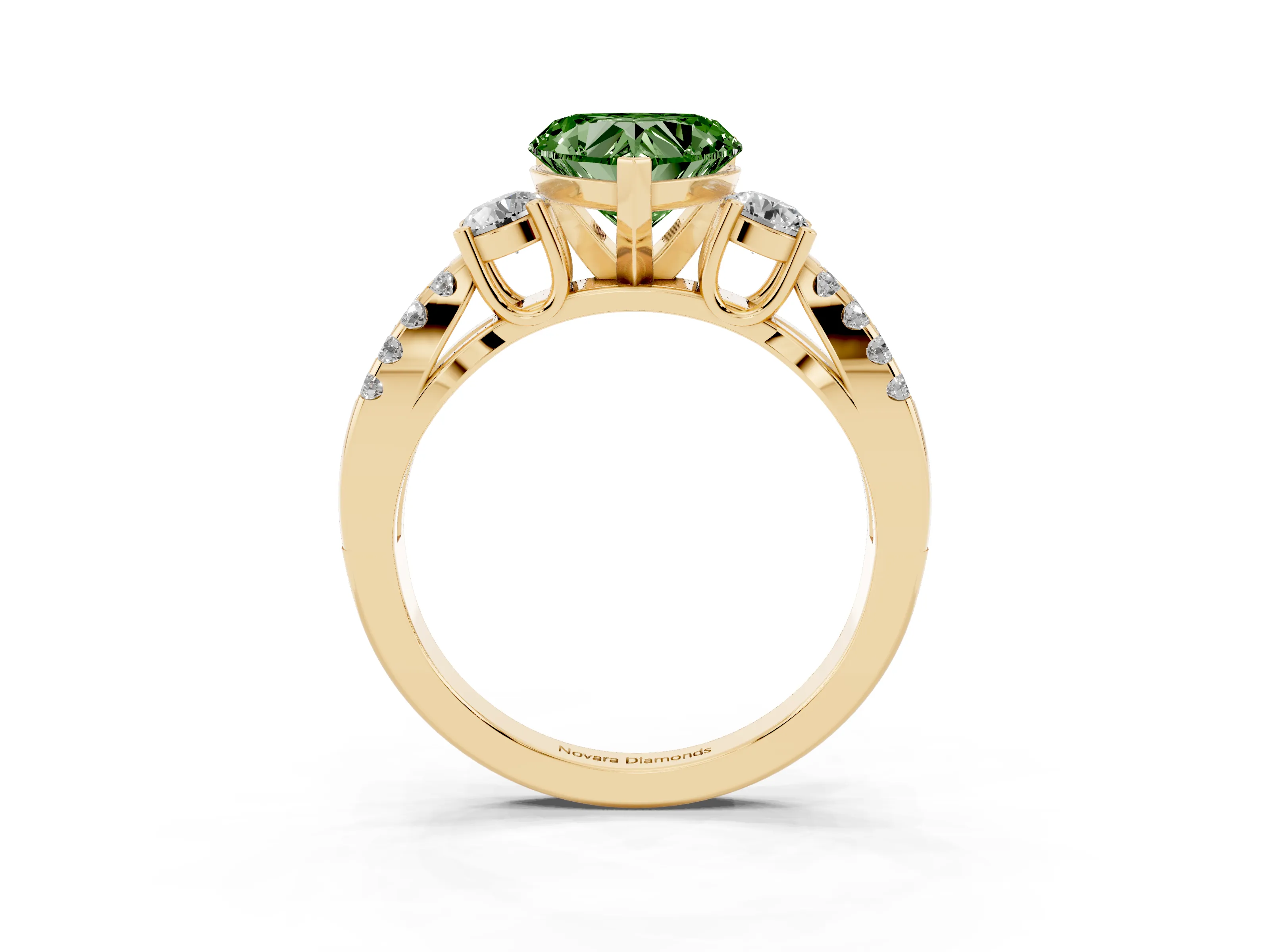 Fancy Green Heart Cut Diamond Three-Stone Ring Set in Yellow gold with Pavé Split Shank and Prong Setting