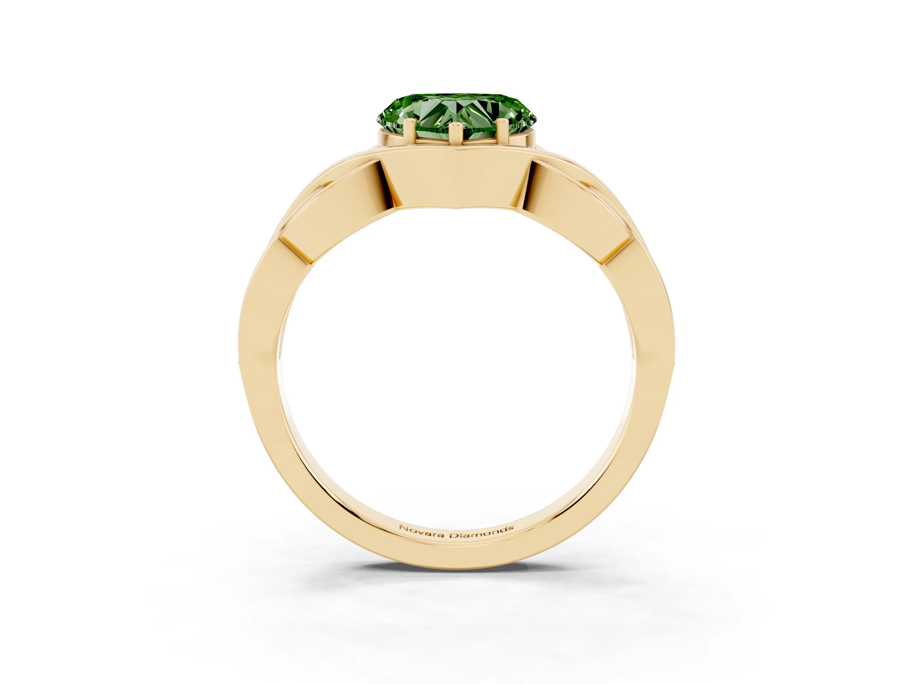 Fancy Green Heart Cut Diamond Solitaire Ring Set in Yellow gold with Intertwined Band