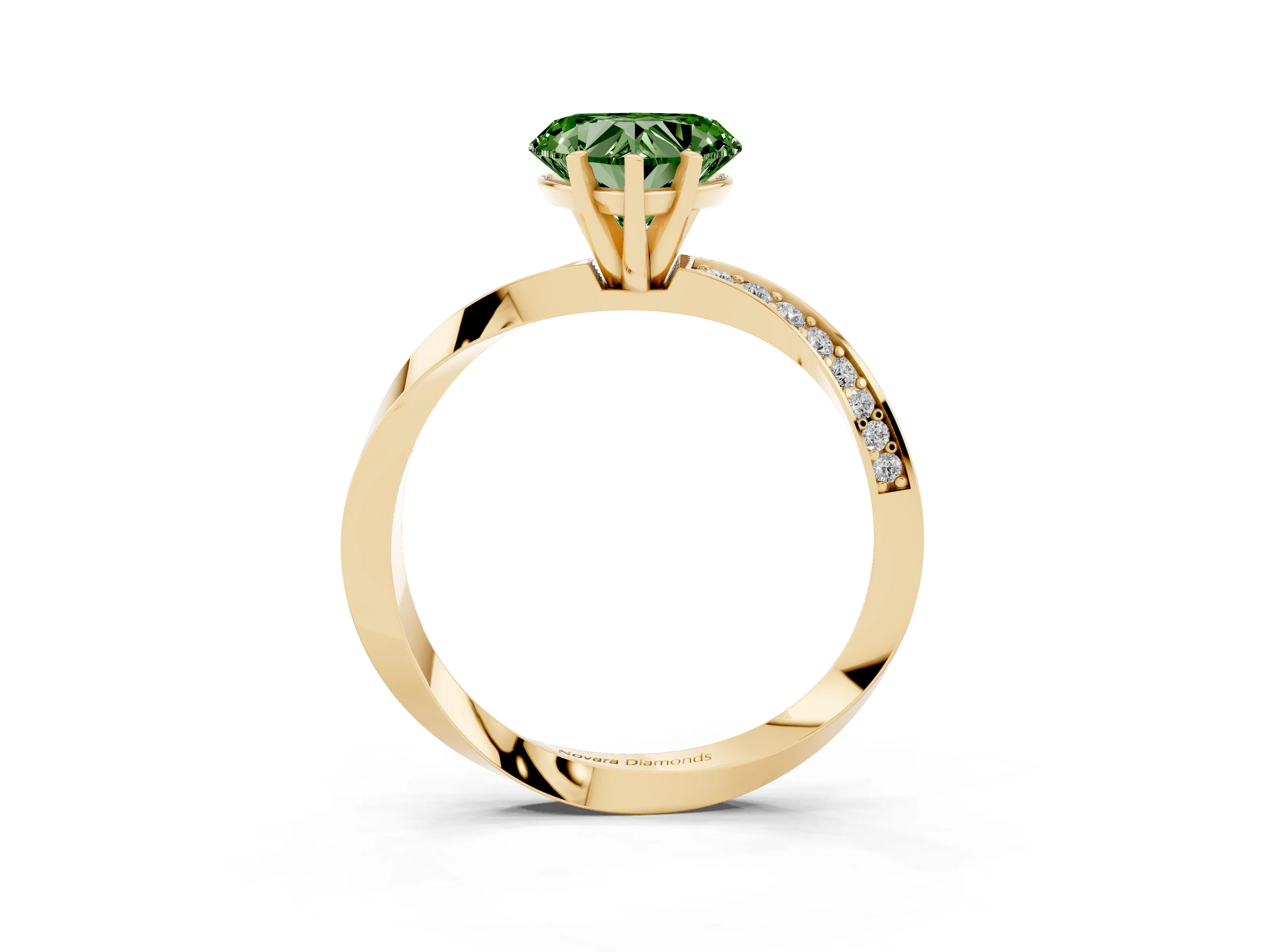 Fancy Green Heart Cut Diamond Engagement Ring Set in Yellow gold with Side Stone Accents and Prong Setting