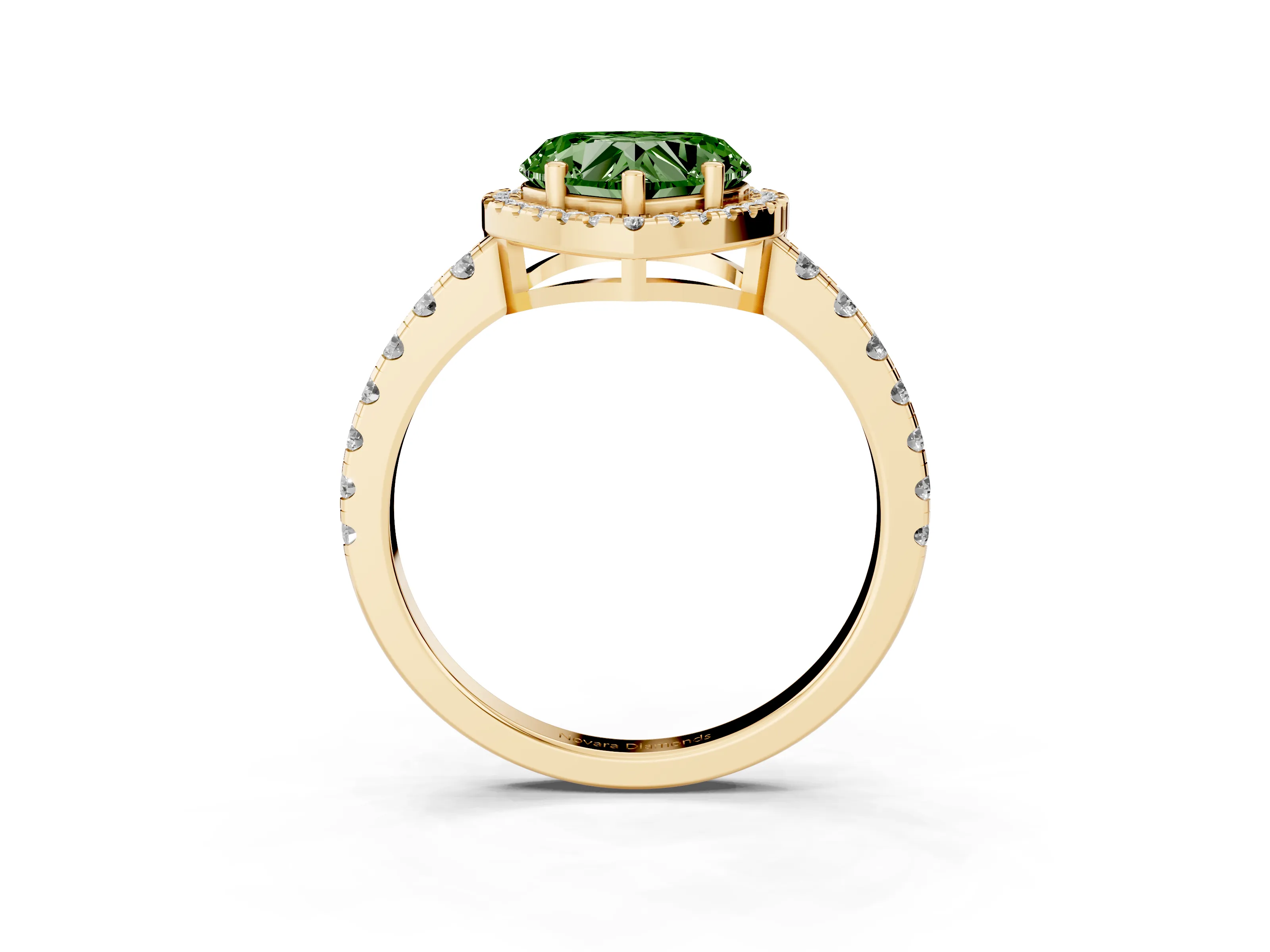Fancy Green Heart Cut Diamond Halo Ring Set in Yellow gold with Delicate Pavé Band and Prong Setting