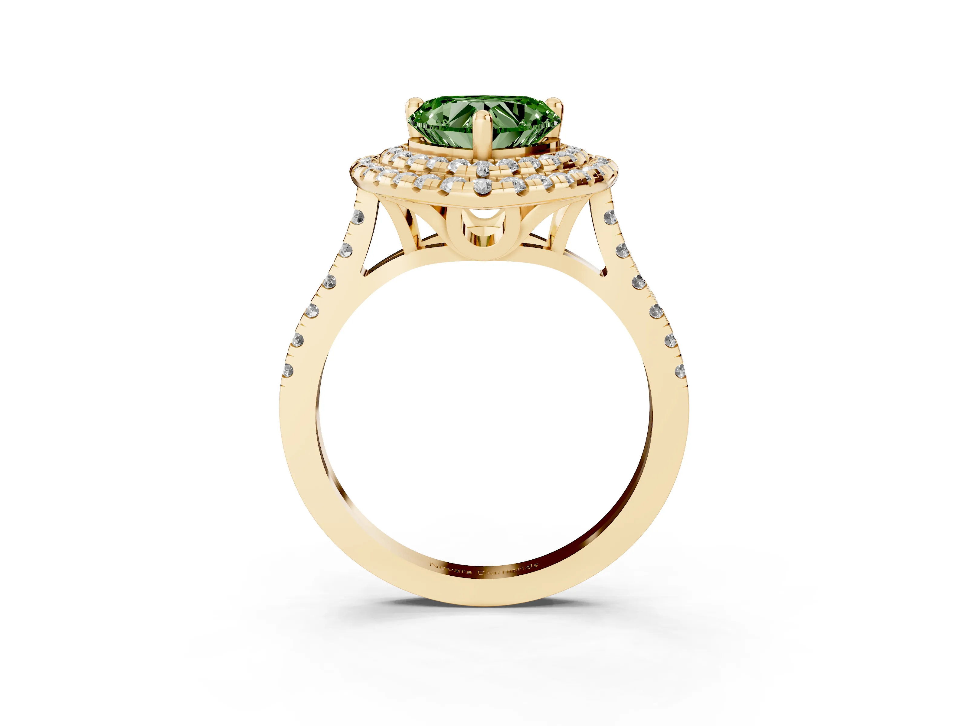 Fancy Green Heart Cut Diamond Double Halo Statement Ring Set in Yellow gold with Pavé Band