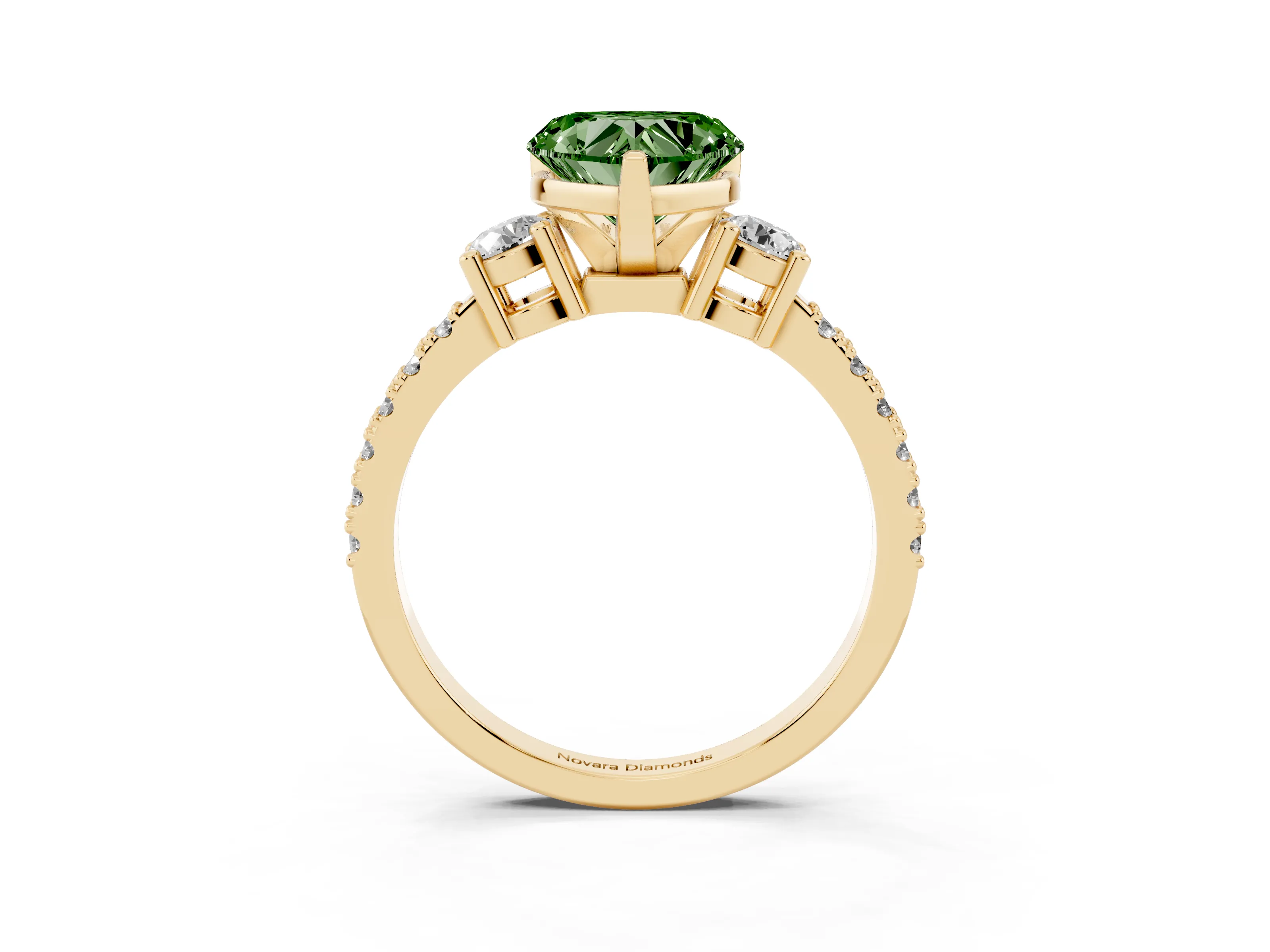 Fancy Green Three-Stone Heart Cut Diamond Pavé Band Ring Set in Yellow gold with Prong Setting