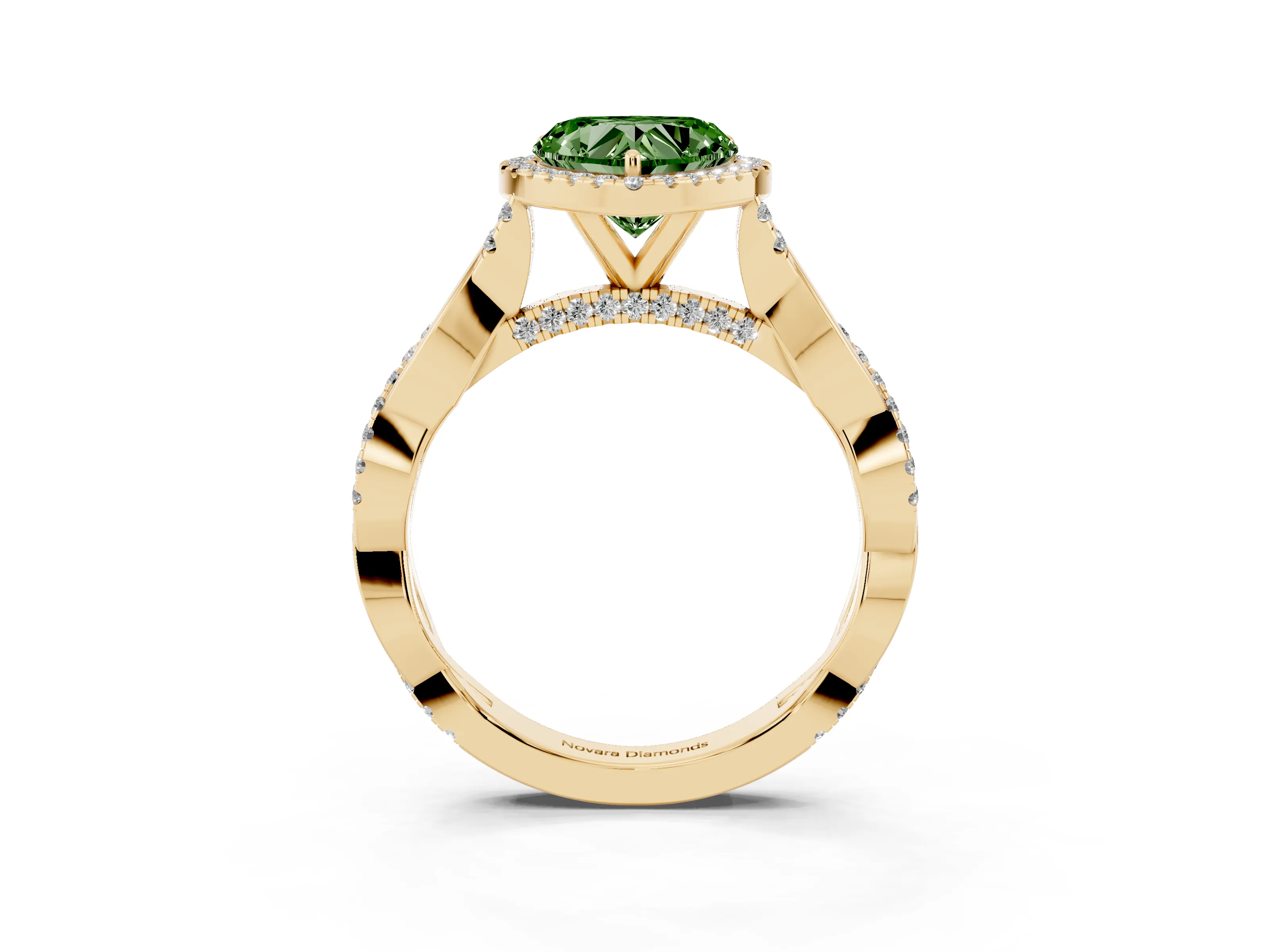 Fancy Green Heart Cut Diamond Halo Twist Band Solitaire Ring Set in Yellow gold with Prong Setting