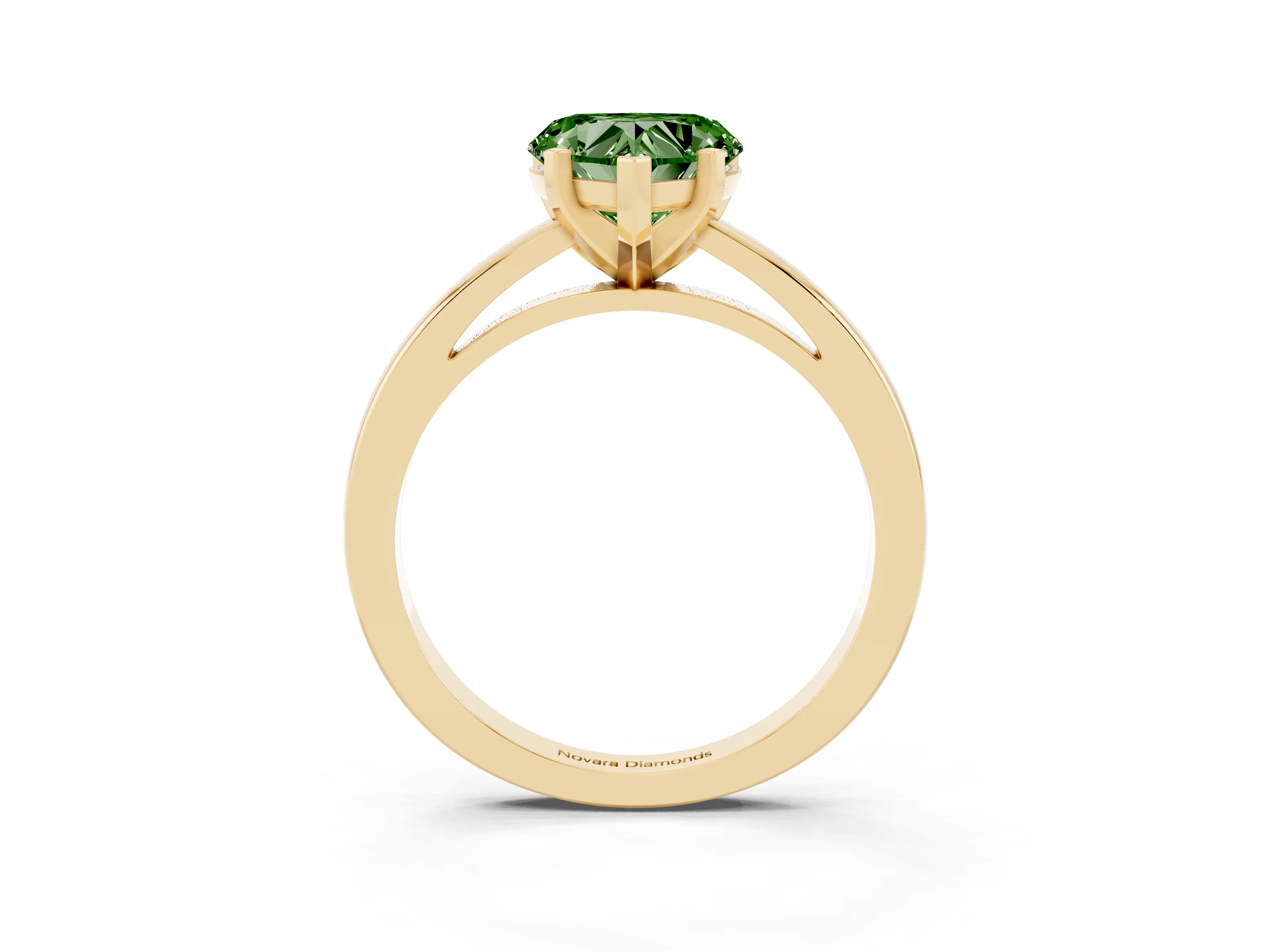 Fancy Green Heart Cut Diamond Solitaire Engagement Ring Set in Yellow gold with Prong Setting on a Classic Band