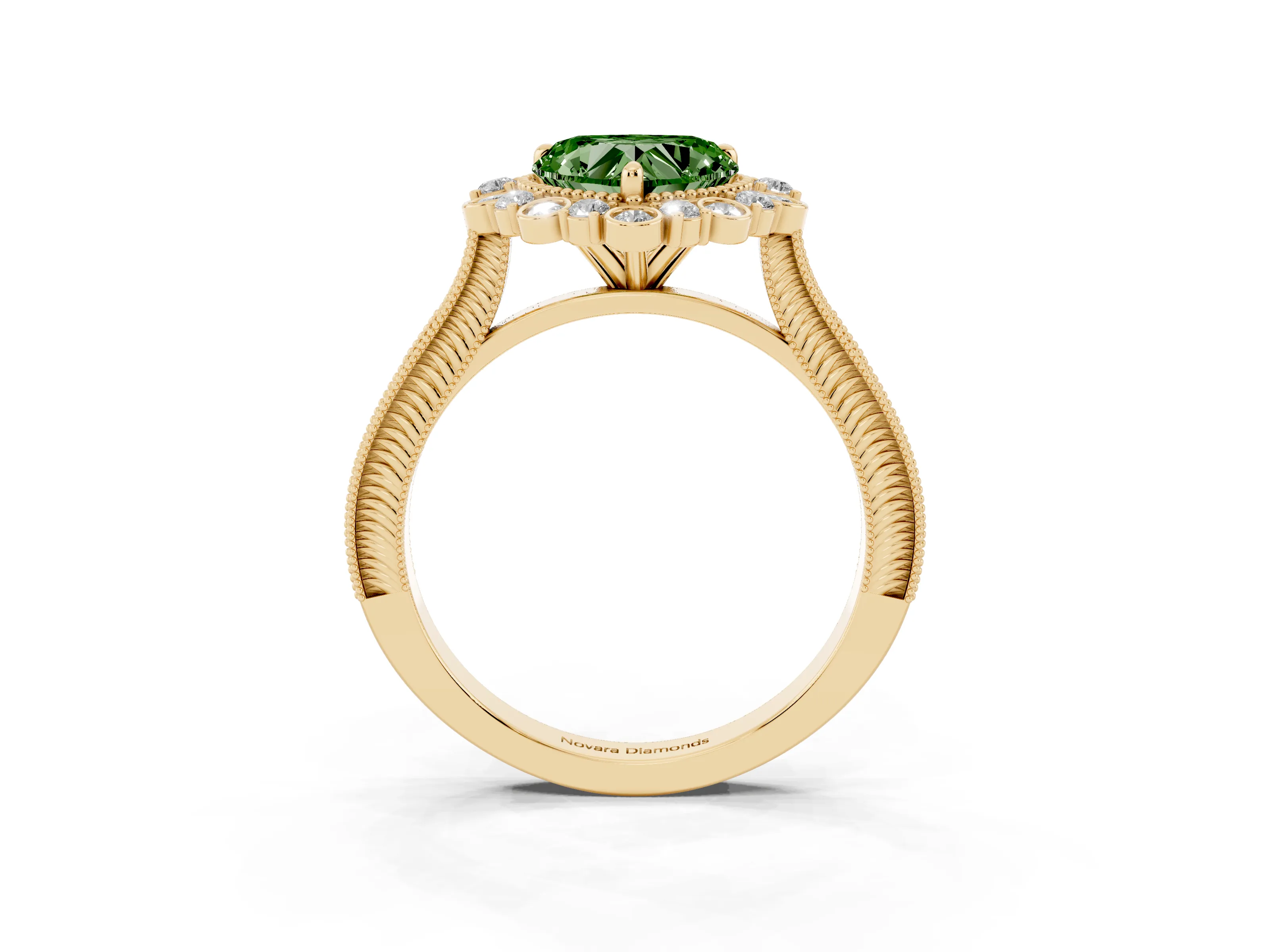 Fancy Green Heart Cut Diamond Halo Milgrain Pavé Ring Set in Yellow gold with Prong Setting