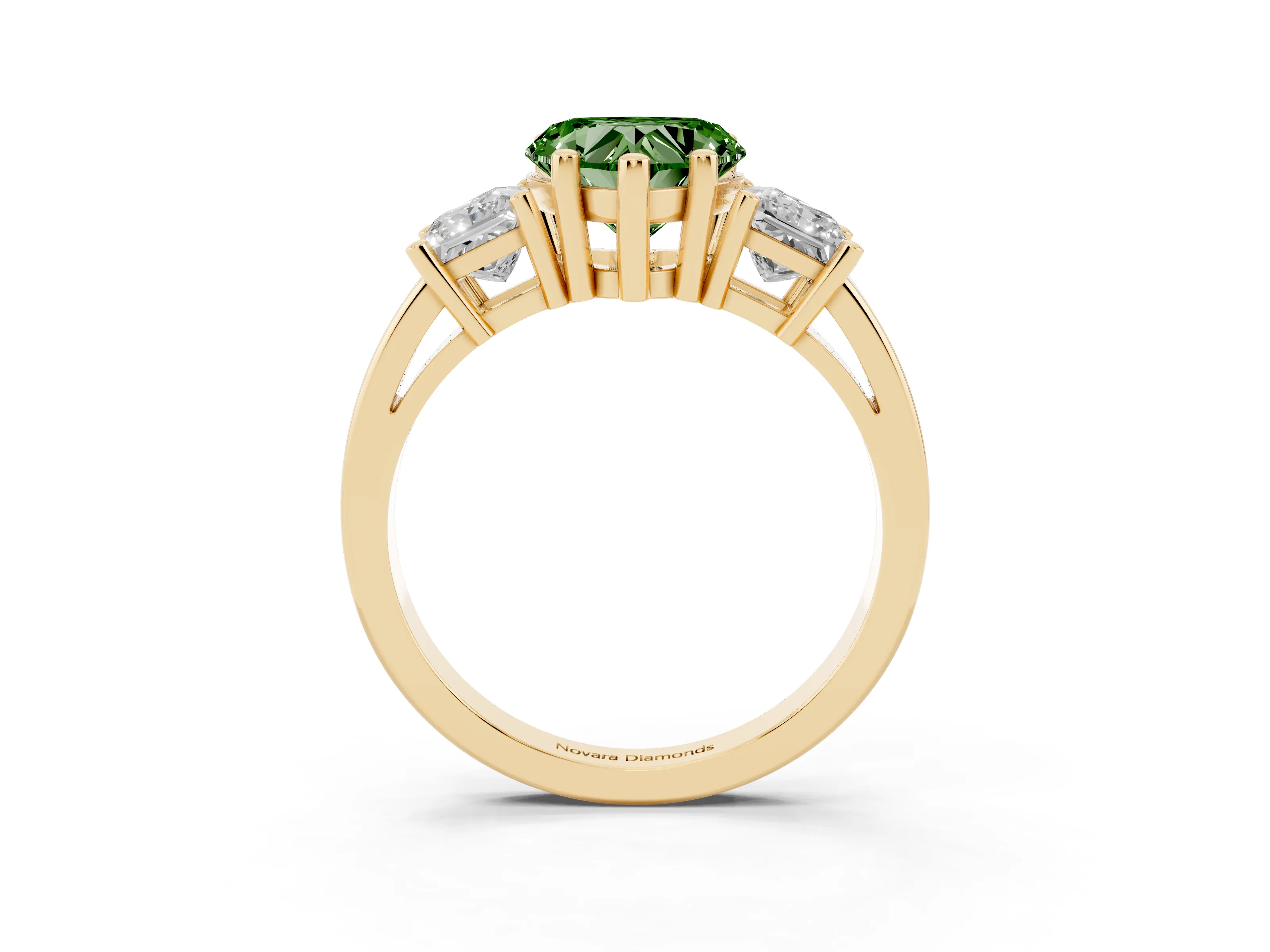 Fancy Green Three-Stone Heart Cut Diamond Solitaire Ring Set in Yellow gold with Prong Setting