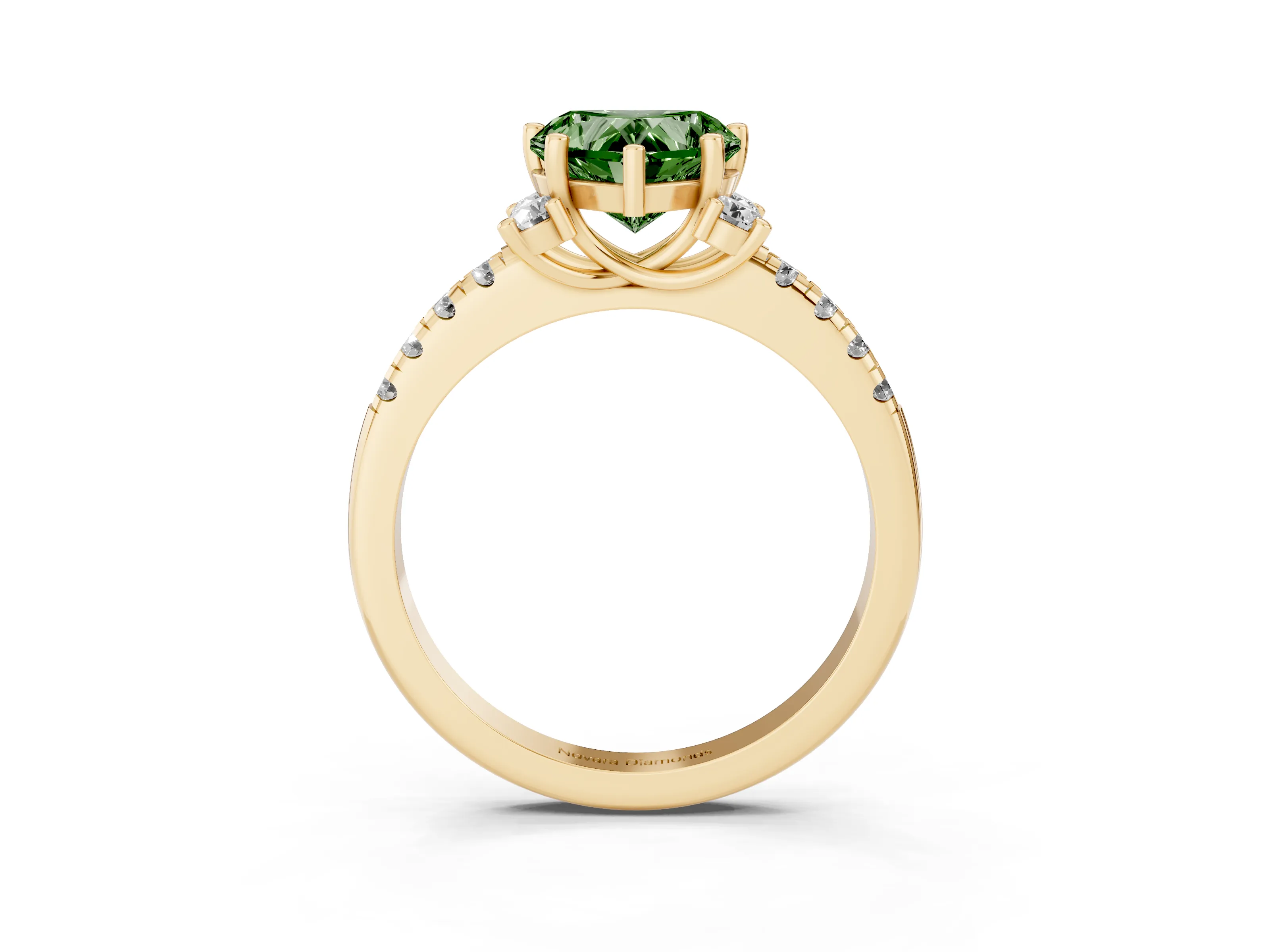 Fancy Green Heart Cut Diamond Three-Stone Pavé Ring Set in Yellow gold with Prong Setting