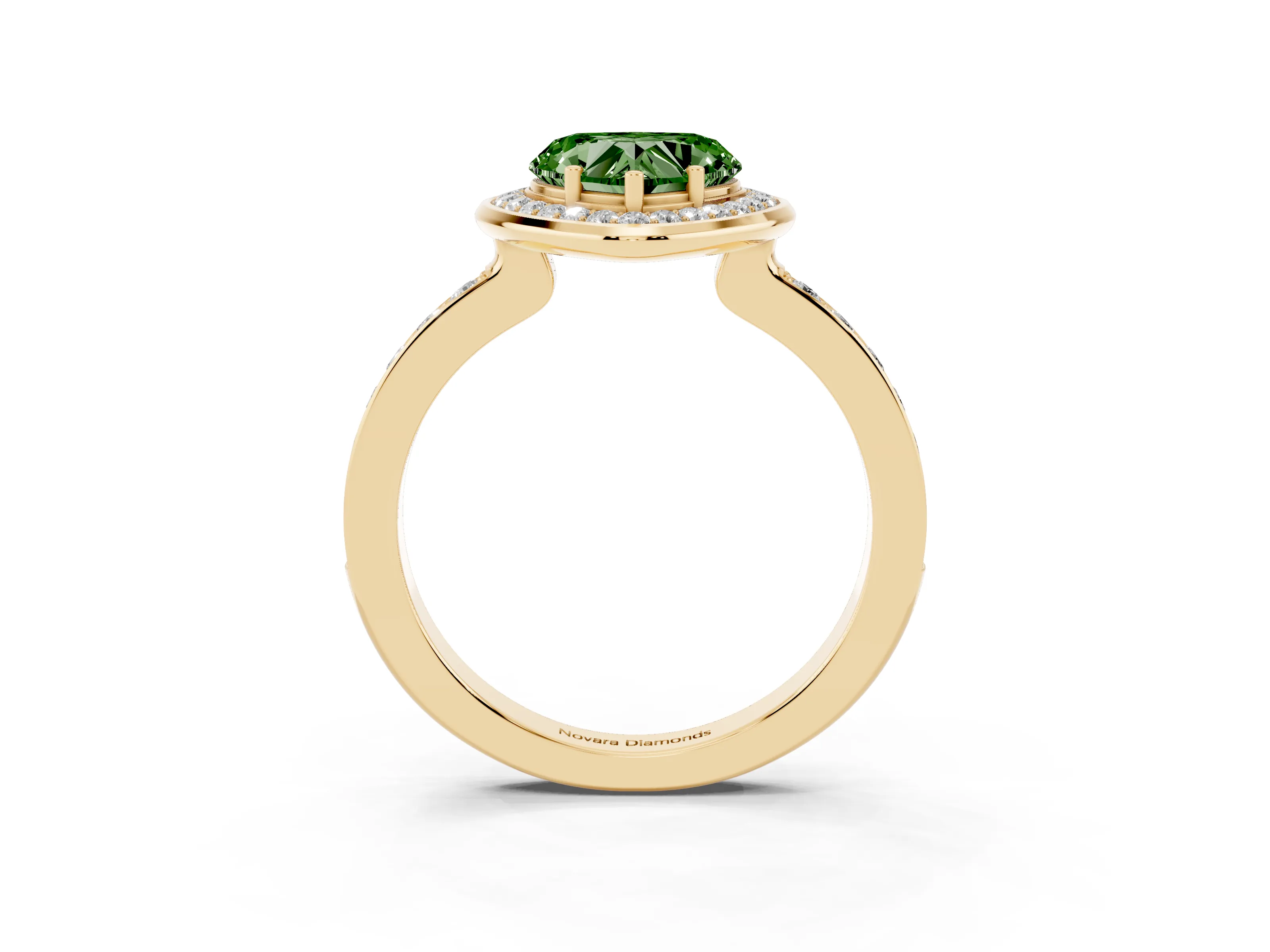 Fancy Green Heart Cut Diamond Halo Ring Set in Yellow gold with Bezel Frame and Pavé Band