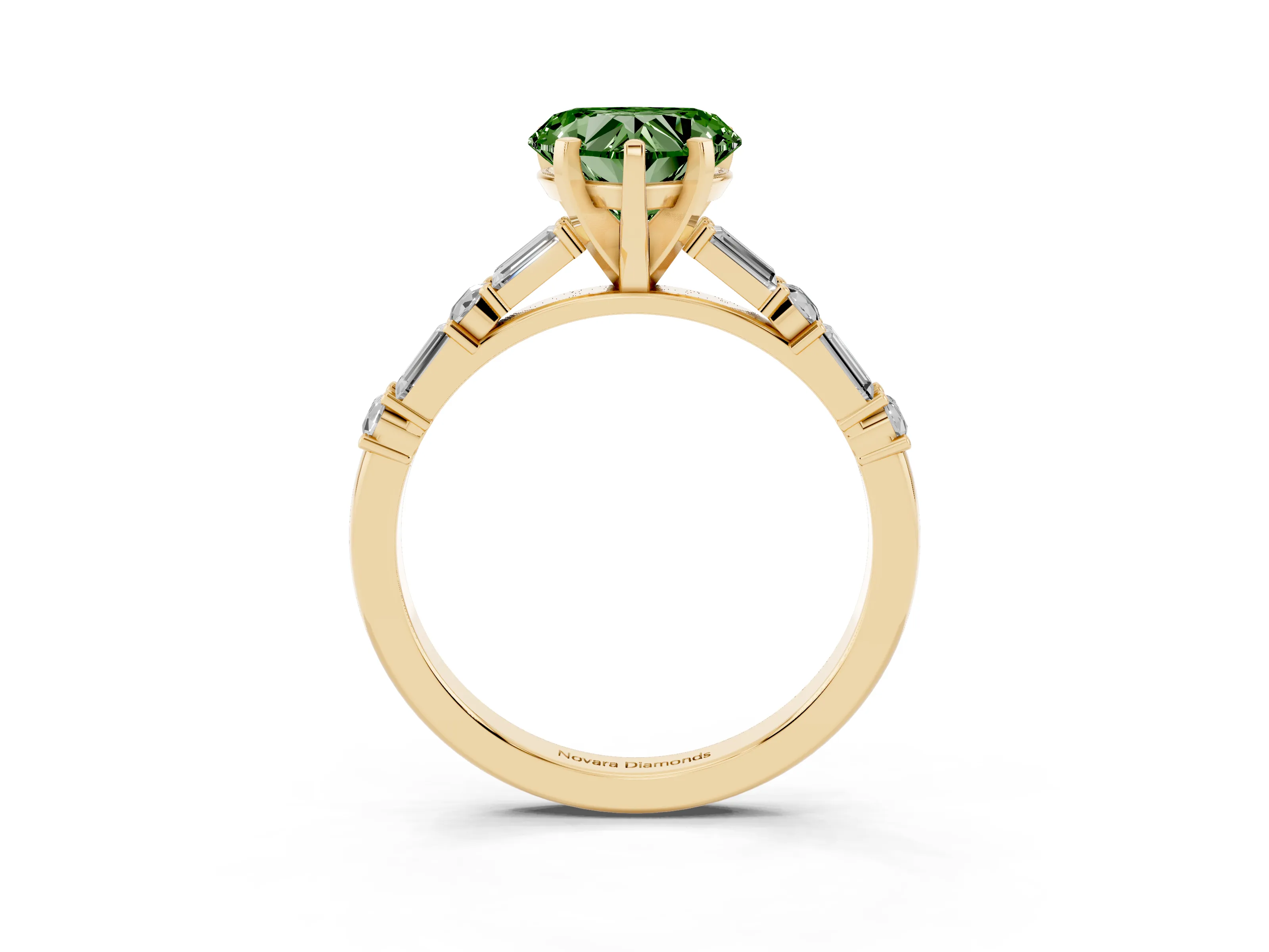 Fancy Green Heart Cut Diamond Solitaire Set in Yellow gold with Side Baguettes and Channel Set Band