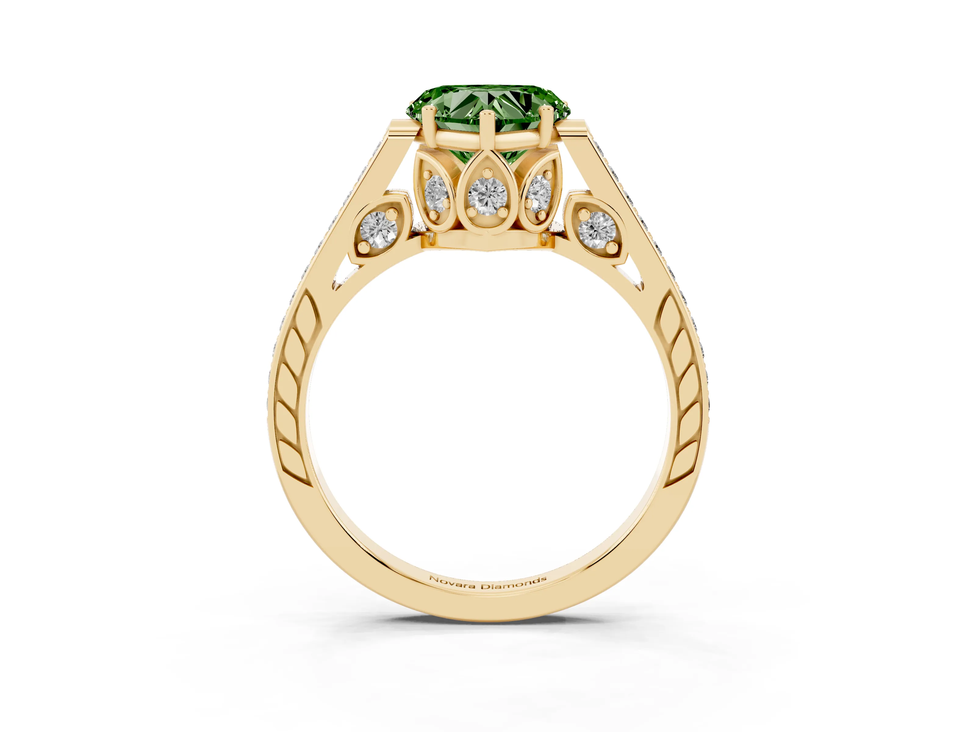 Fancy Green Heart Cut Diamond Cathedral Pavé Engagement Ring Set in Yellow gold with Prong Setting