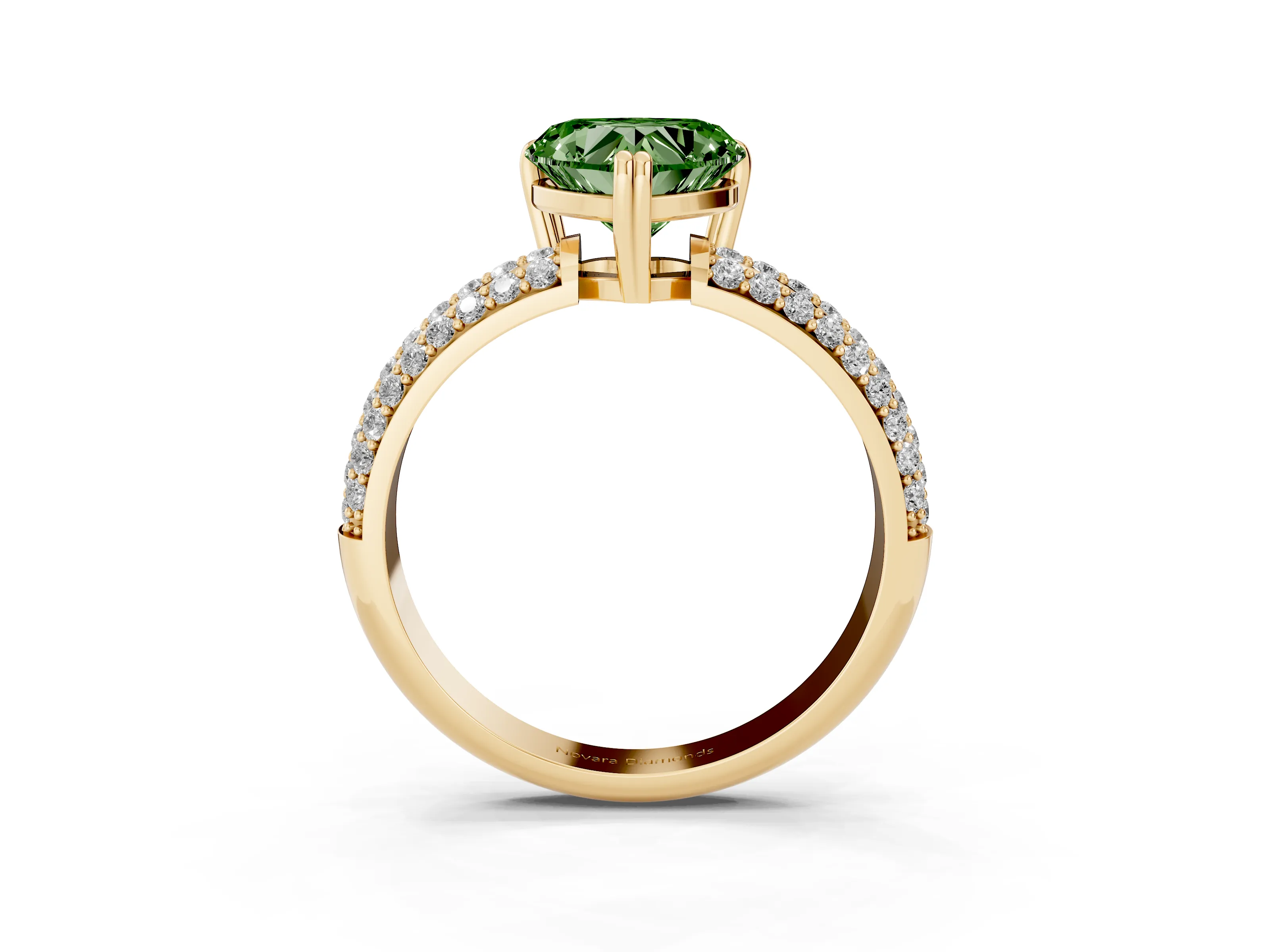 Fancy Green Heart Cut Diamond Solitaire Ring Set in Yellow gold with Multi-Row Round Pavé Band and Prong Setting