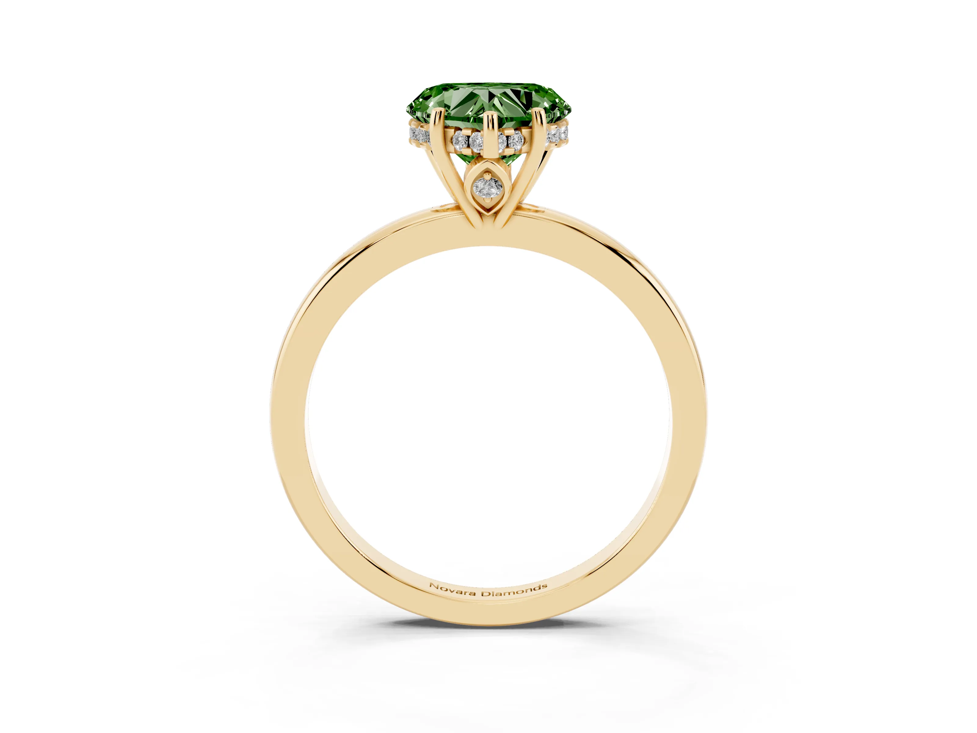 Fancy Green Heart Cut Diamond Solitaire Ring Set in Yellow gold with Plain Band and Prong Setting