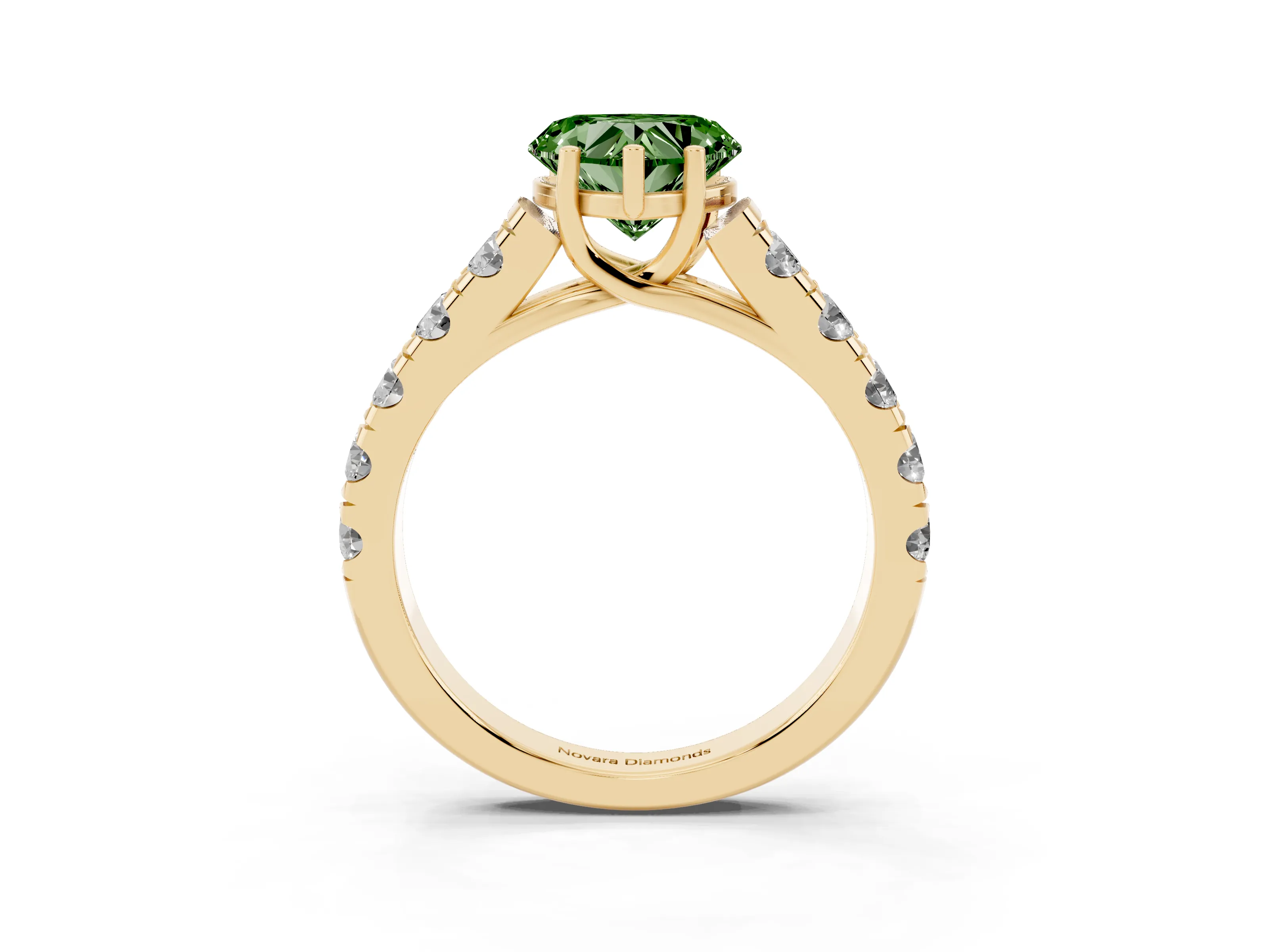 Fancy Green Heart Cut Diamond Solitaire Ring Set in Yellow gold with Cut-Down Micro Pavé Band and Prong Setting