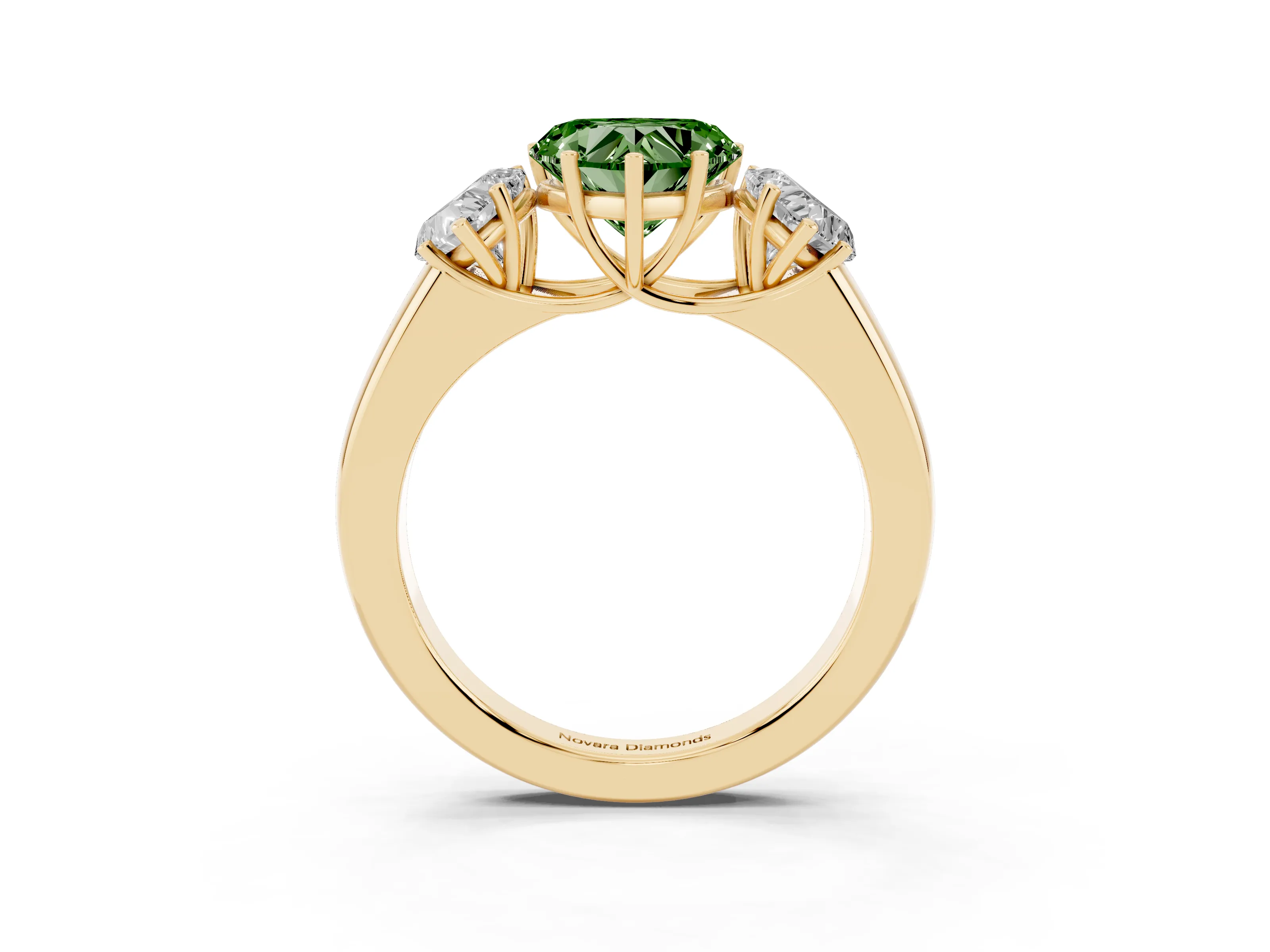 Fancy Green Three-Stone Heart Cut Diamond Ring Set in Yellow gold with Matching Prong Settings and Plain Band