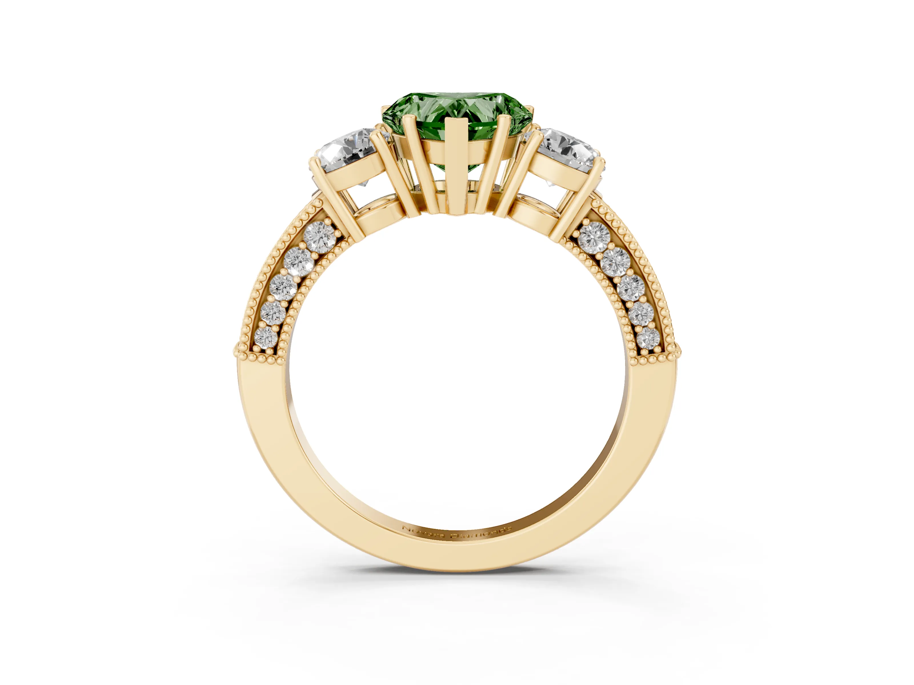 Fancy Green Heart Cut Diamond Three-Stone Ring Set in Yellow gold with Round Side Stones and Pavé Band