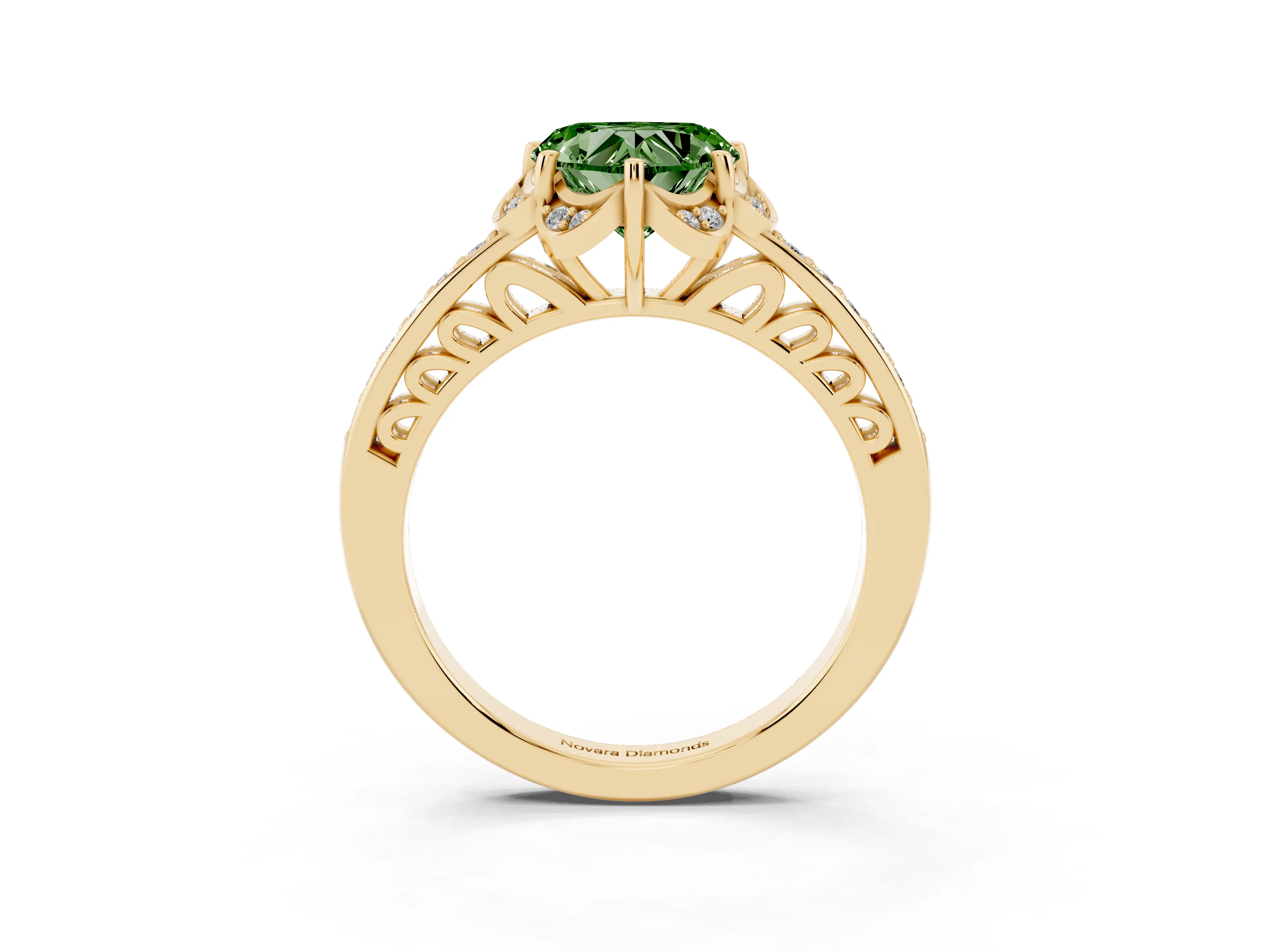 Fancy Green Heart Cut Diamond Halo Ring Set in Yellow gold with Channel Set Band and Prong Setting
