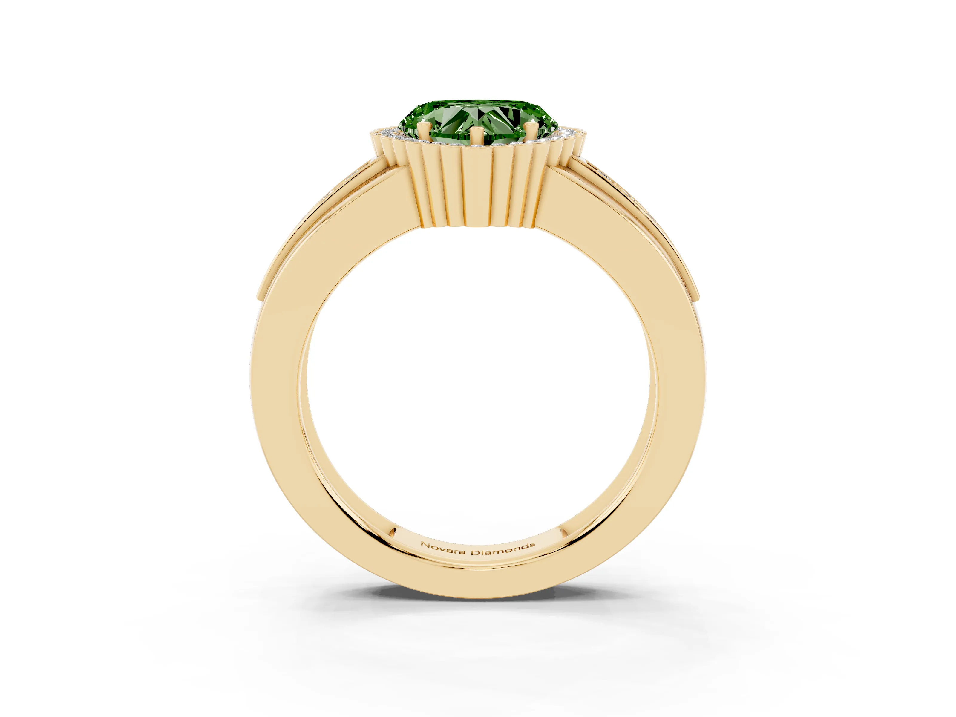Fancy Green Heart Cut Diamond Halo Prong Ring Set in Yellow gold with Pavé Band