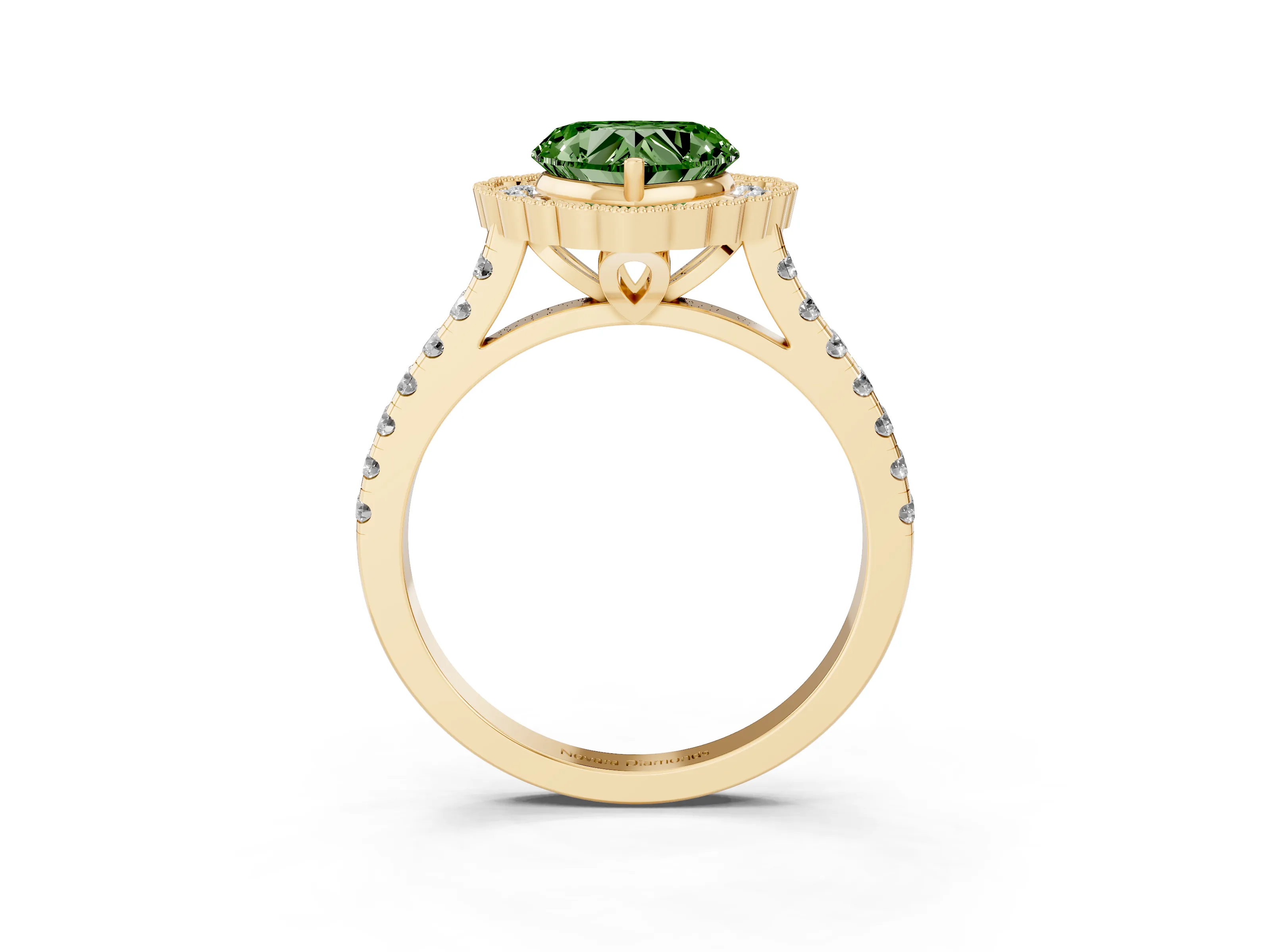 Fancy Green Heart Cut Diamond Milgrain Floral Halo Engagement Ring Set in Yellow gold with Pavé Band