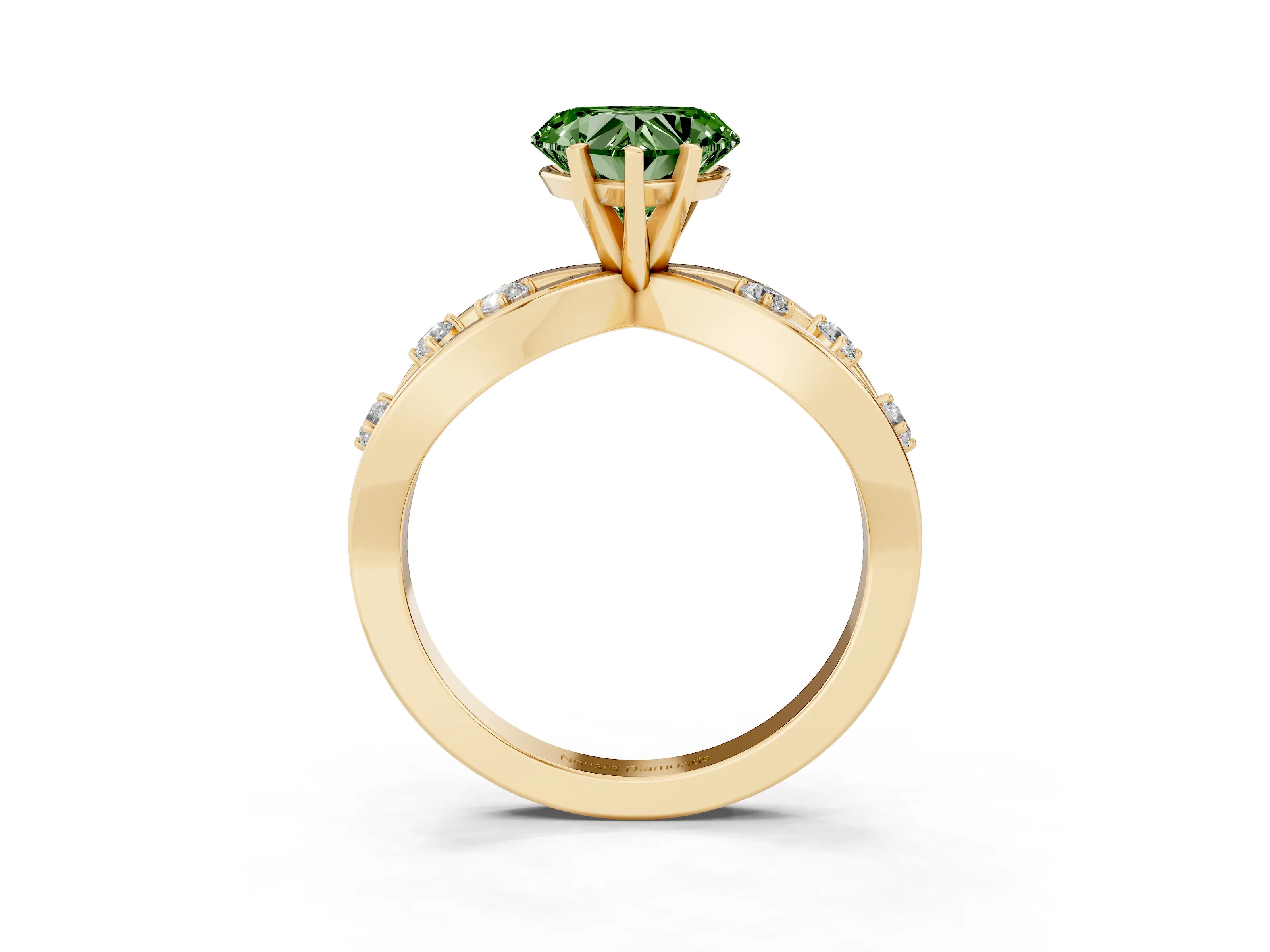 Fancy Green Heart Cut Diamond Solitaire Ring Set in Yellow gold with Side Stones on Criss-Cross Band and Prong Setting