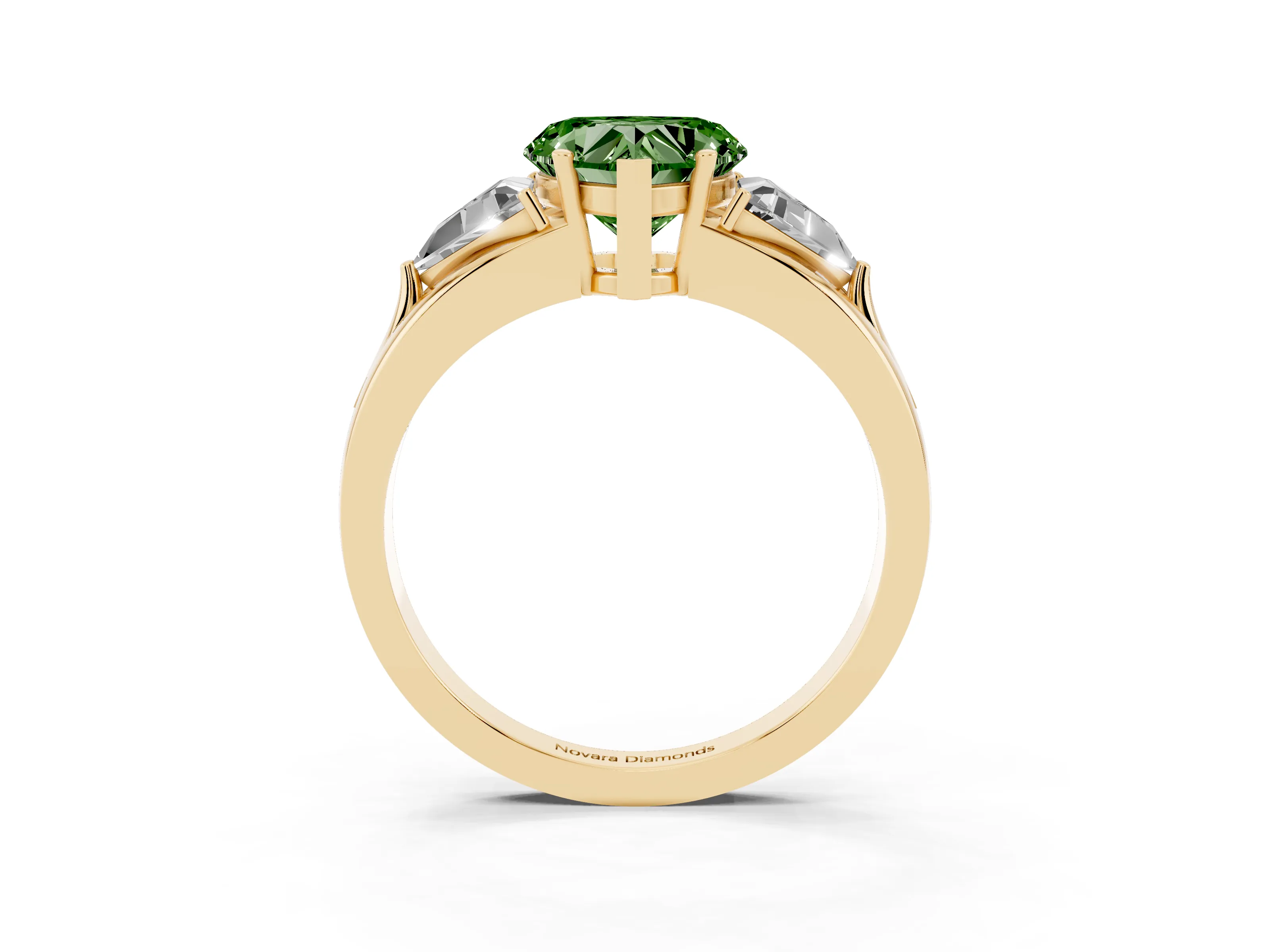 Fancy Green Heart Cut Diamond Three-Stone Ring Set in Yellow gold with Trillion Side Stones and Split Shank