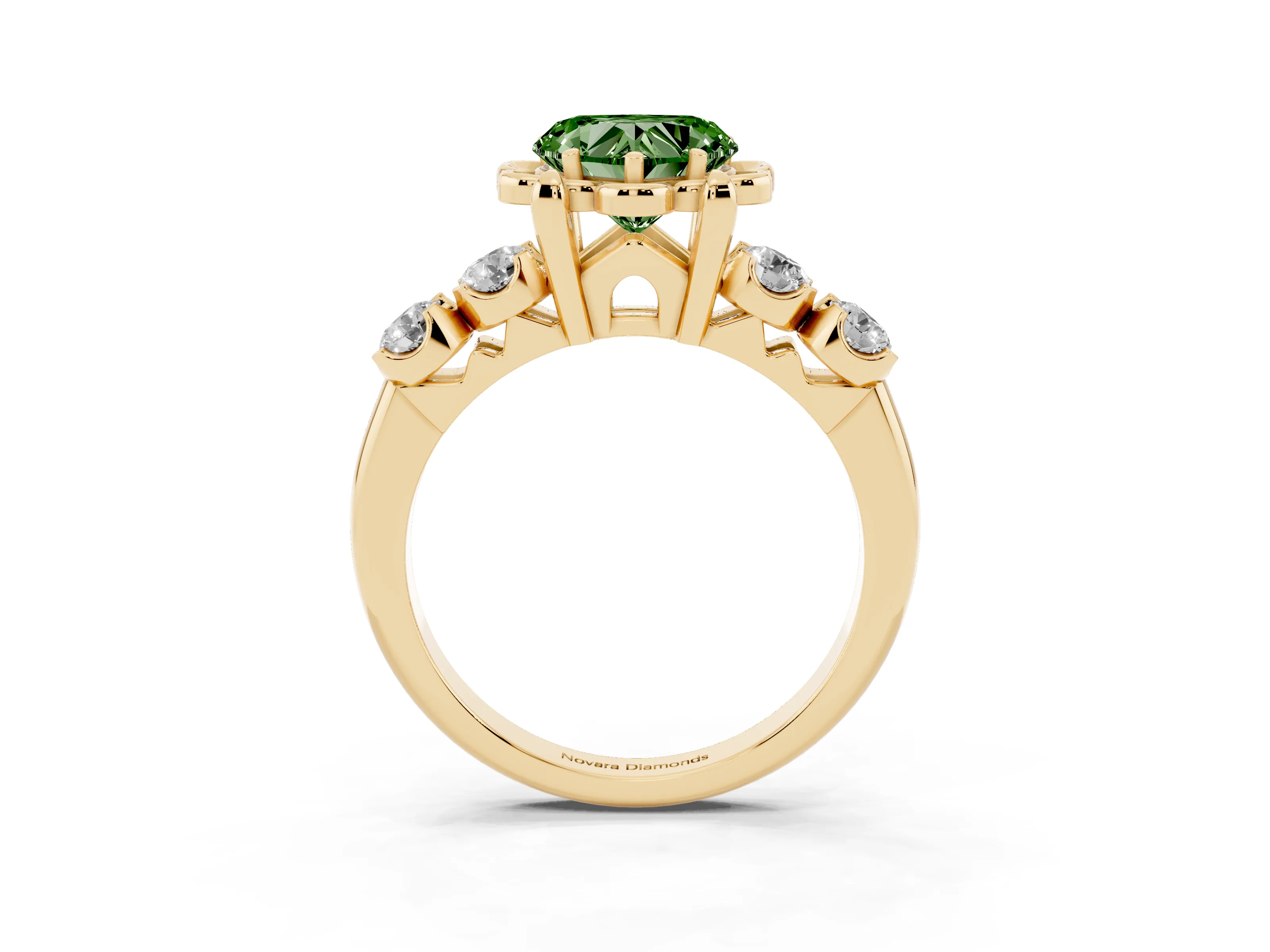 Fancy Green Heart Cut Diamond Floral Halo Ring Set in Yellow gold with Shared Prong Band