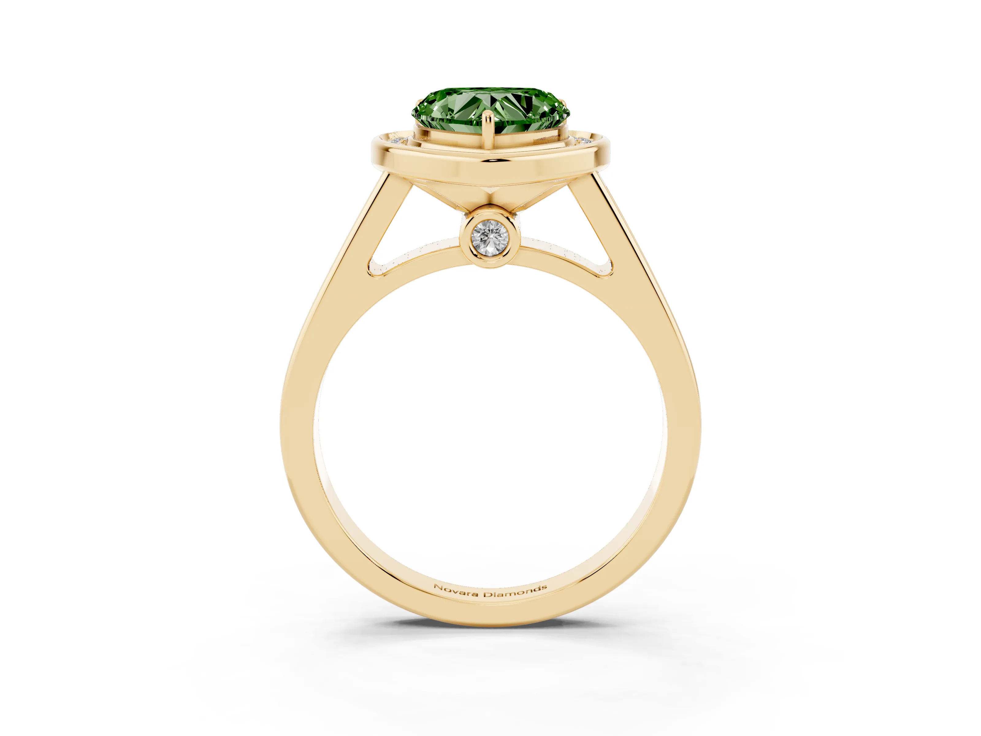 Fancy Green Heart Cut Diamond Halo Solitaire Ring Set in Yellow gold with Pavé Band and Bezel Setting