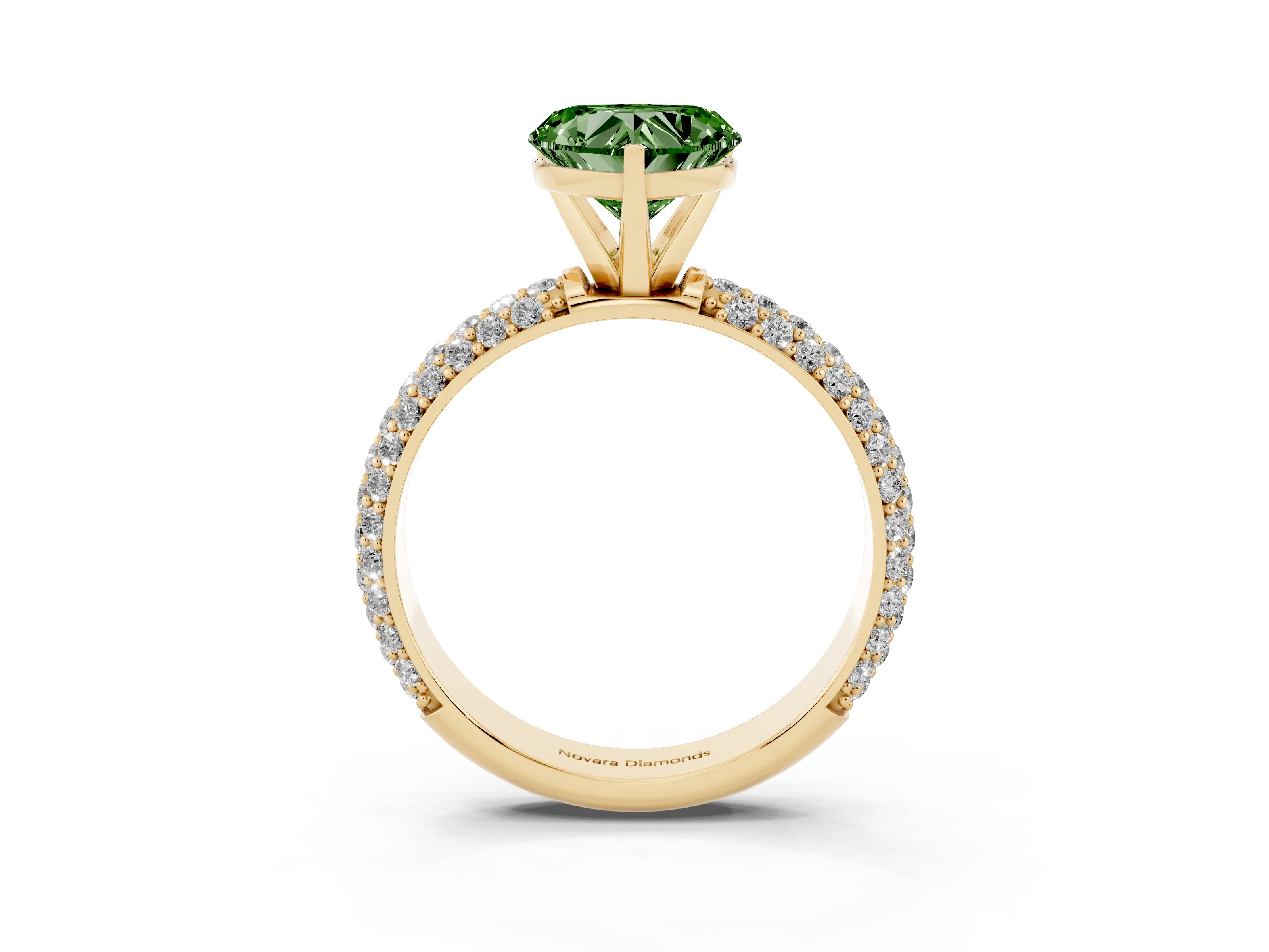 Fancy Green Heart Cut Diamond Solitaire Ring Set in Yellow gold with Prong Setting and Pavé-Set Band