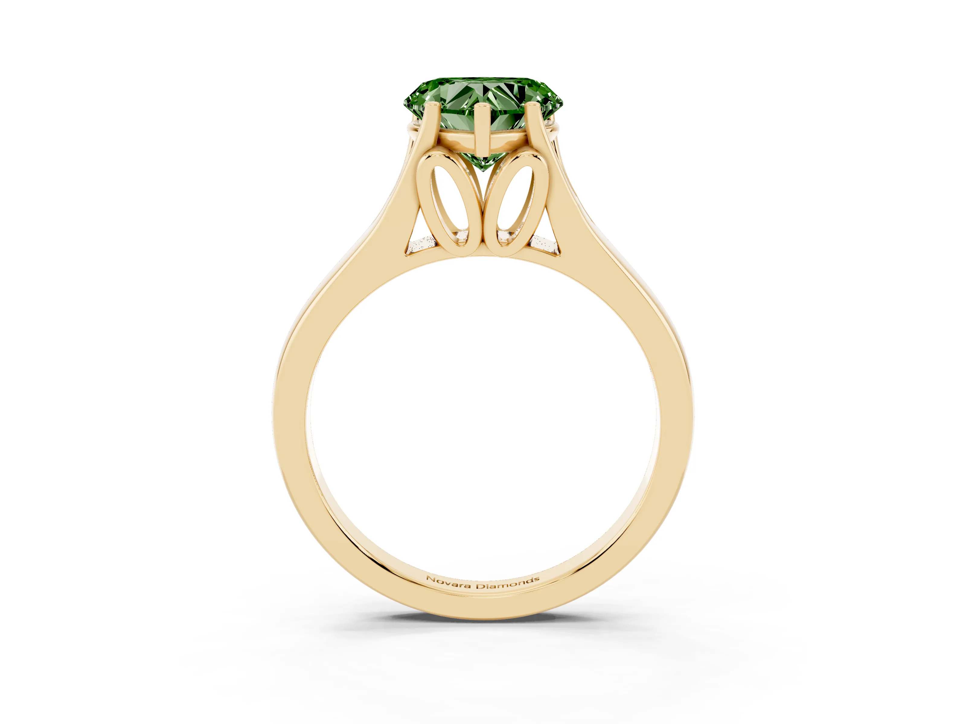Fancy Green Heart Cut Diamond Solitaire Ring Set in Yellow gold with Arched Cathedral Band and Prong Setting