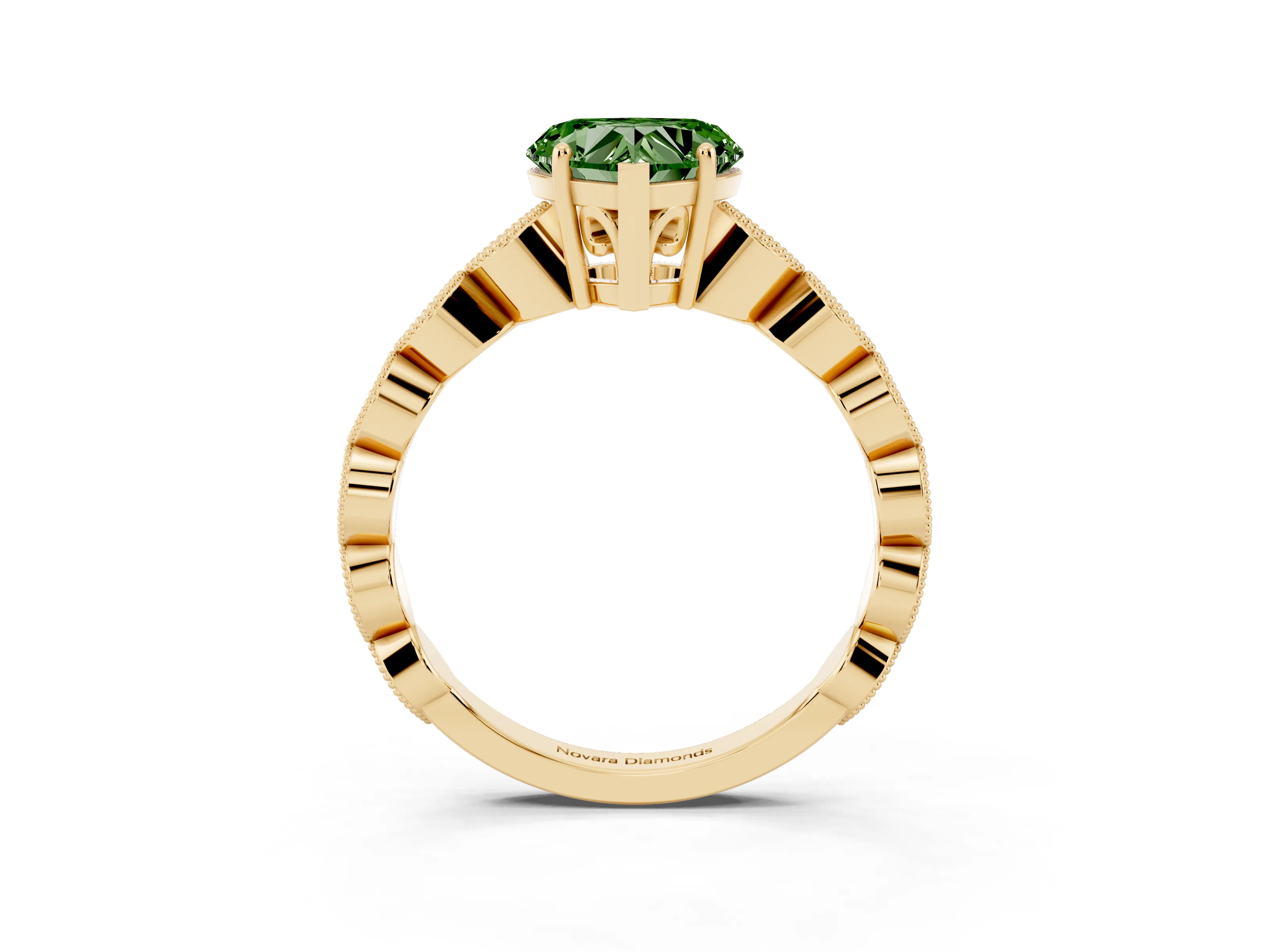Fancy Green Heart Cut Diamond Solitaire Ring Set in Yellow gold with Infinity Twist Pavé Band