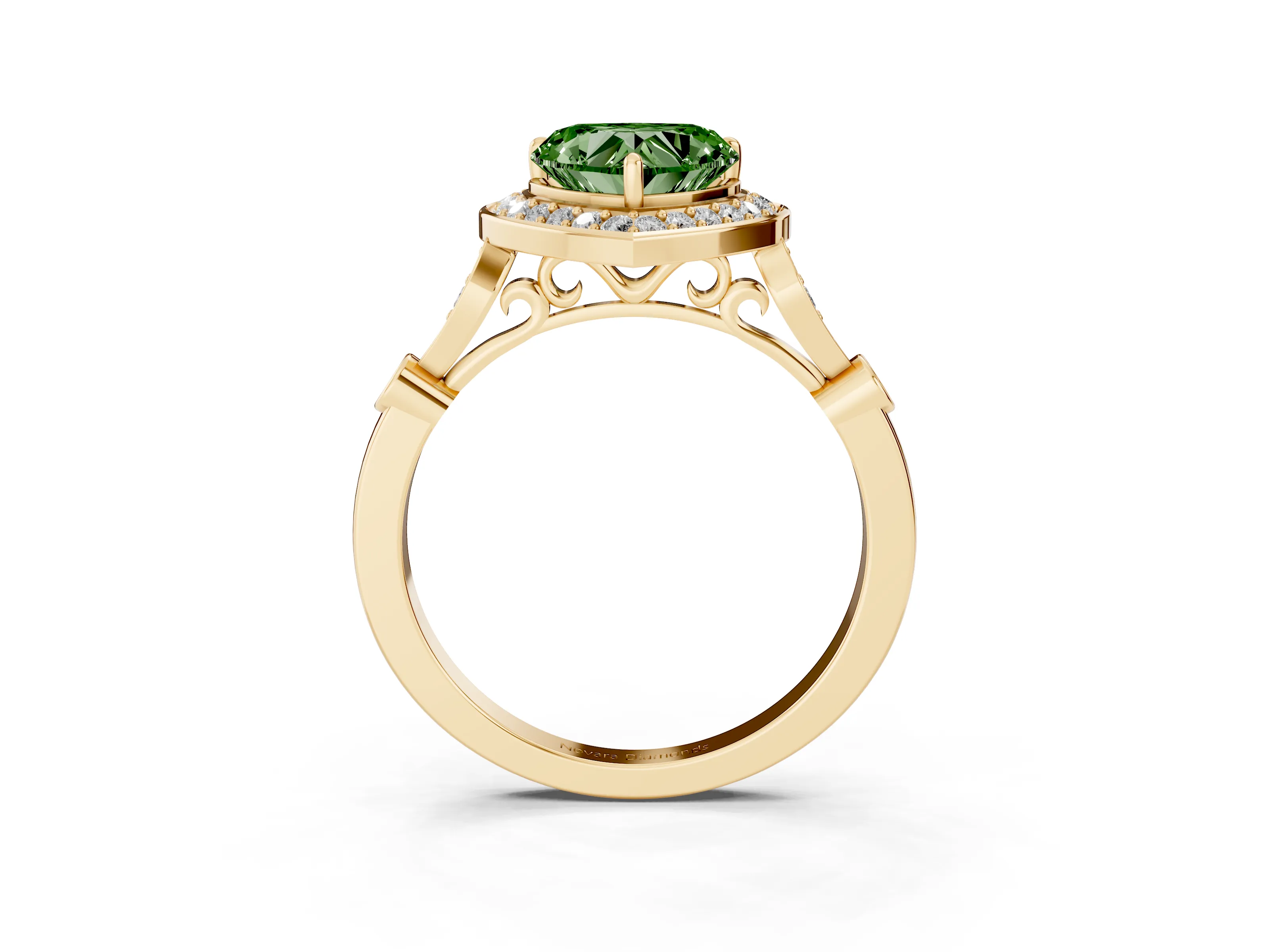 Fancy Green Heart Cut Diamond Halo Engagement Ring Set in Yellow gold with Twisted Band and Prong Setting