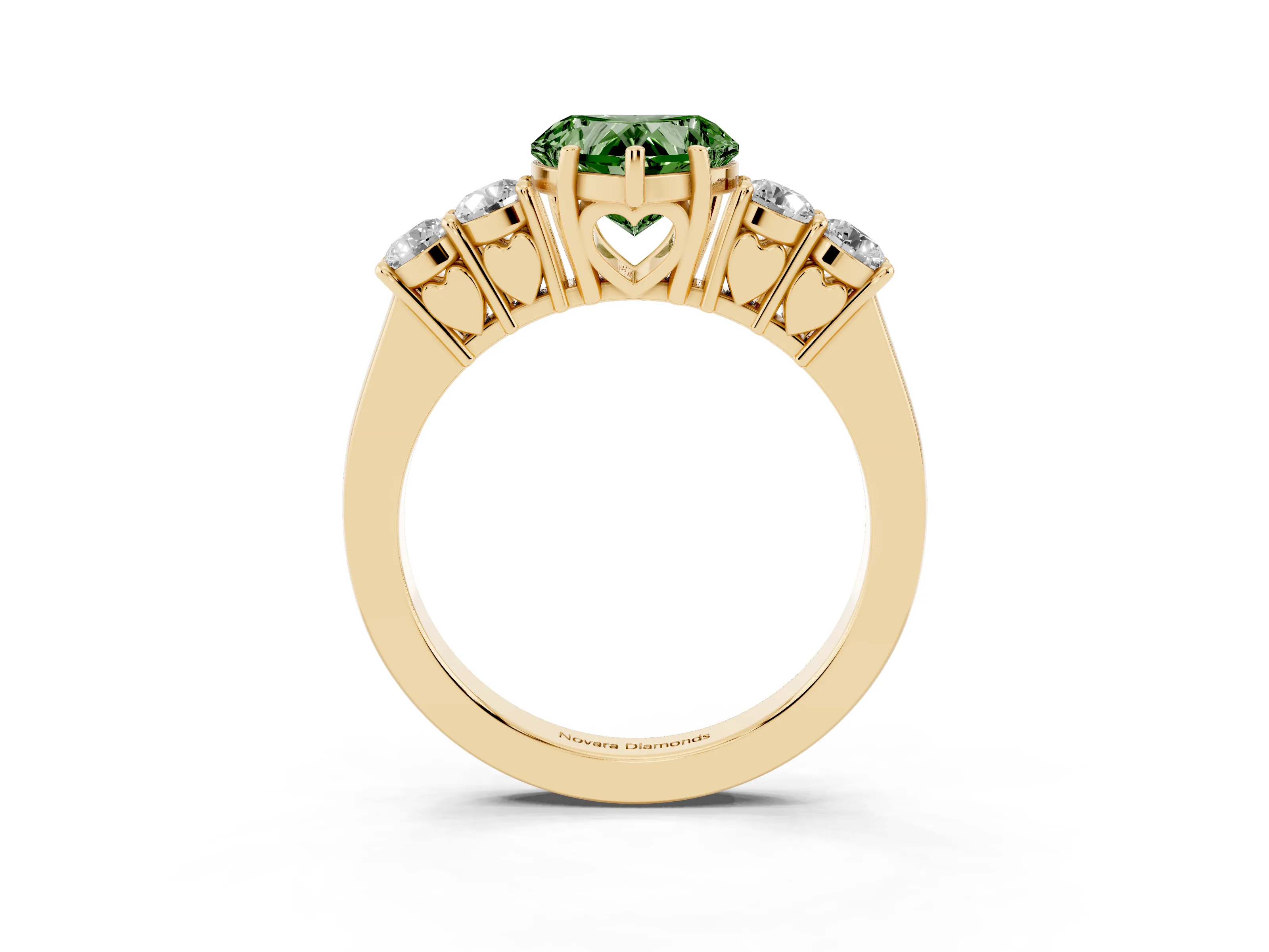 Fancy Green Heart Cut Diamond Five-Stone Prong Set Band Ring Set in Yellow gold with Polished Band