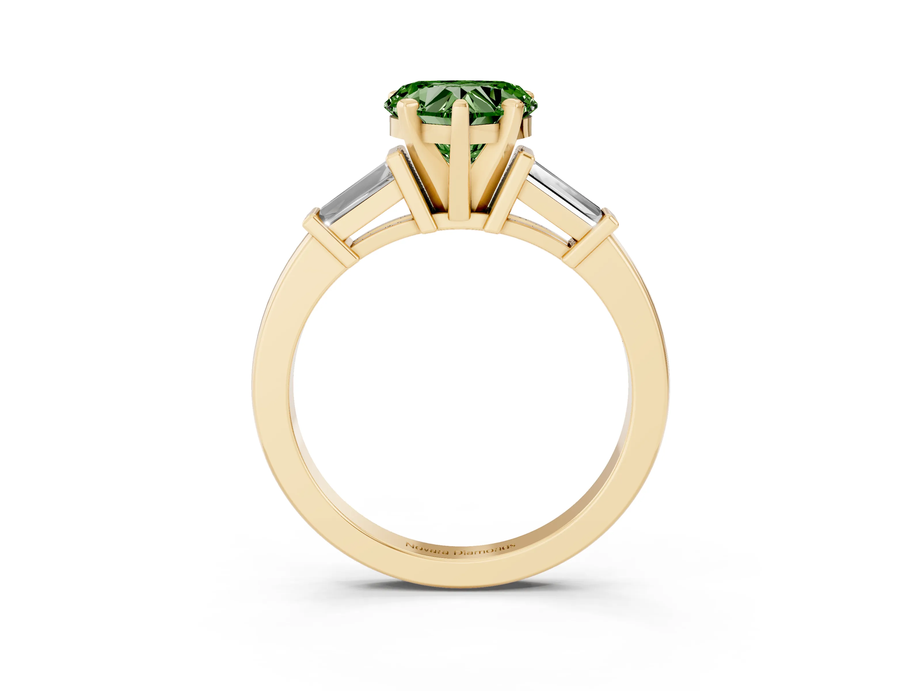 Fancy Green Heart Cut Diamond Solitaire Ring Set in Yellow gold with Tapered Baguette Accents and Prong Setting
